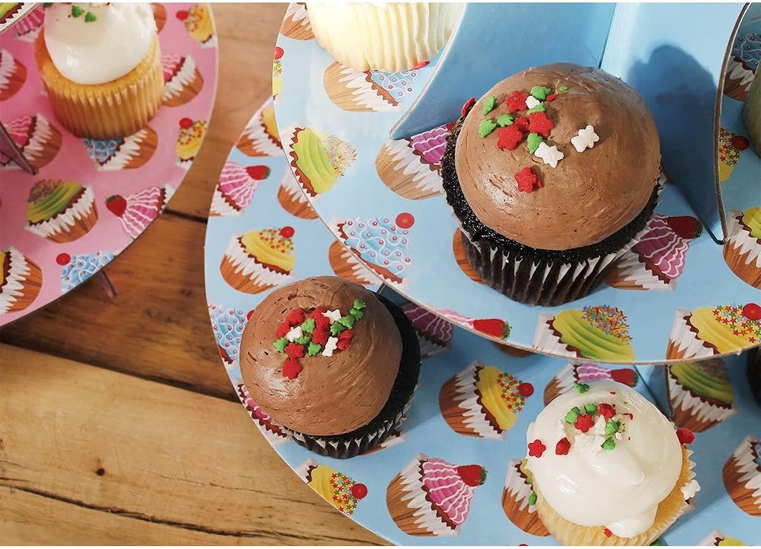2-Pack Cardboard Cupcake Stand – 3-Tiered Dessert Stand Cupcake Tower – Cupcake Tree Display for Baby Showers, Weddings, Birthdays, Blue and Pink, 11.7 x 13.5 x 11.7 Inches