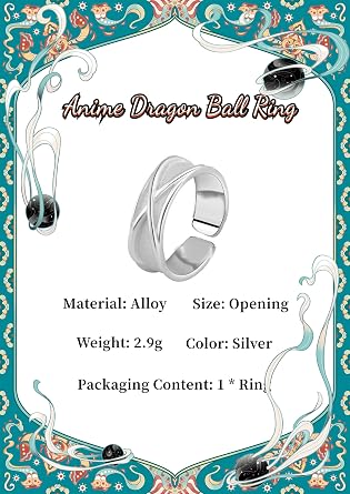 GAUEIOUR Anime Dragon Ball Ring,Anime Role-Playing Ring, Adjustable Metal Alloy Rings, Black Goku Time Rings, Jewelry Gift (Silver)