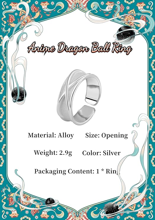 GAUEIOUR Anime Dragon Ball Ring,Anime Role-Playing Ring, Adjustable Metal Alloy Rings, Black Goku Time Rings, Jewelry Gift (Silver)