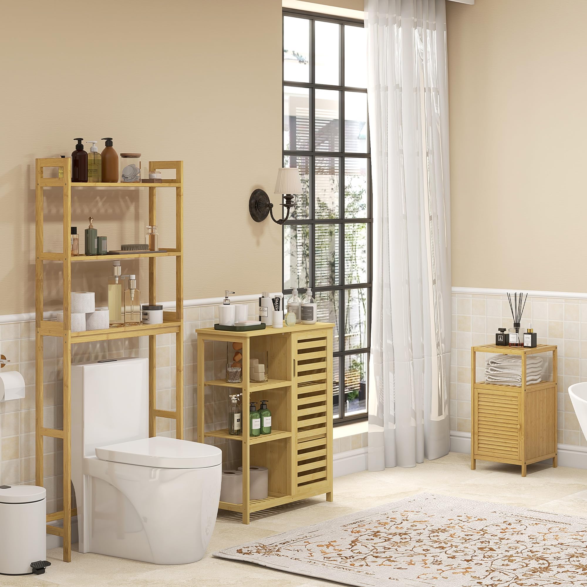 kleankin Estantería de Baño de Bambú Estantería de Almacenaje para Baño con 1 Puerta y Estante para Cocina Salón Dormitorio 33x36,5x67 cm Natural