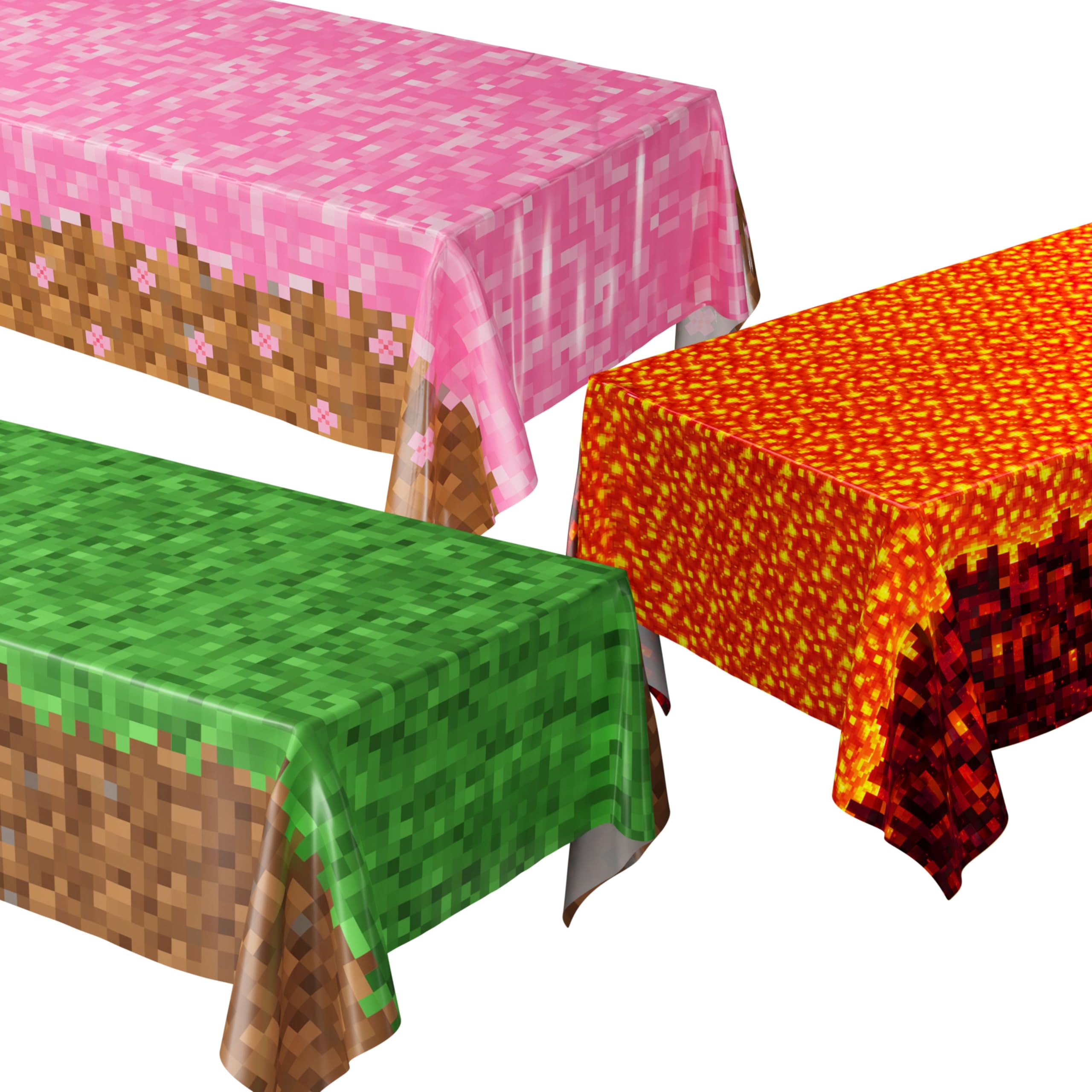 Blue Orchards Pixel Trio Table Covers (Pack of 3) - XL 54"x108" - Immersive Biomes Birthday Party Decorations, Gamer Party Tablecloth, Pixel Themed Decor, Plastic Table Cover, Event Decoration