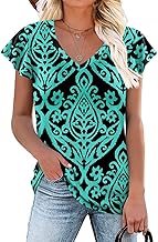 HOTGIFT Women's Casual V-Neck Tshirts Petal Short Sleeve Tops Loose Comfortable Beach Basic Blouse