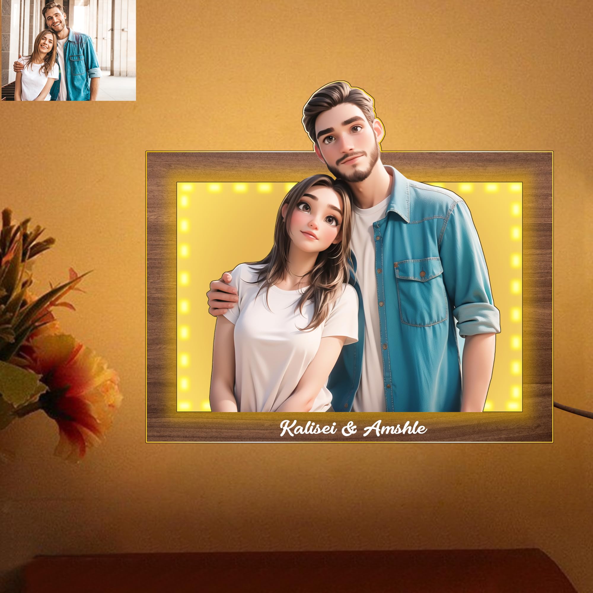 Acntrhm Personalized Cartoon Style 3D LED Night Light Wooden Photo Frame,Home Wall Decorative Photo Frame Plaque,Gift for Dad,Mom,Friends (style-01)