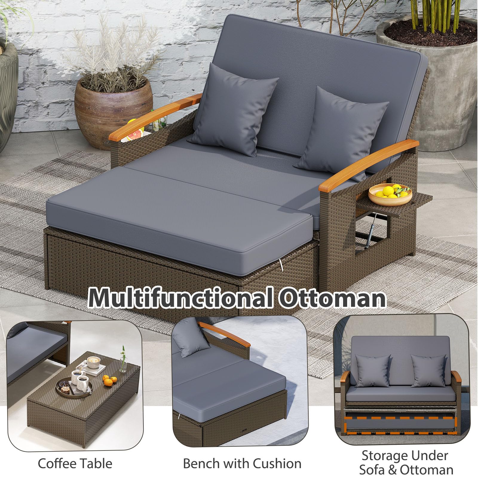 LIFEZEAL Rattan Gartenlounge Set, Lounge Möbel Outdoor, Gartensofa mit Liegefunktion, Outdoor Sofa mit Stauraum, Loungemöbel 2 Personen für Garten, Terrasse & Balkon (Grau+Schwarz)