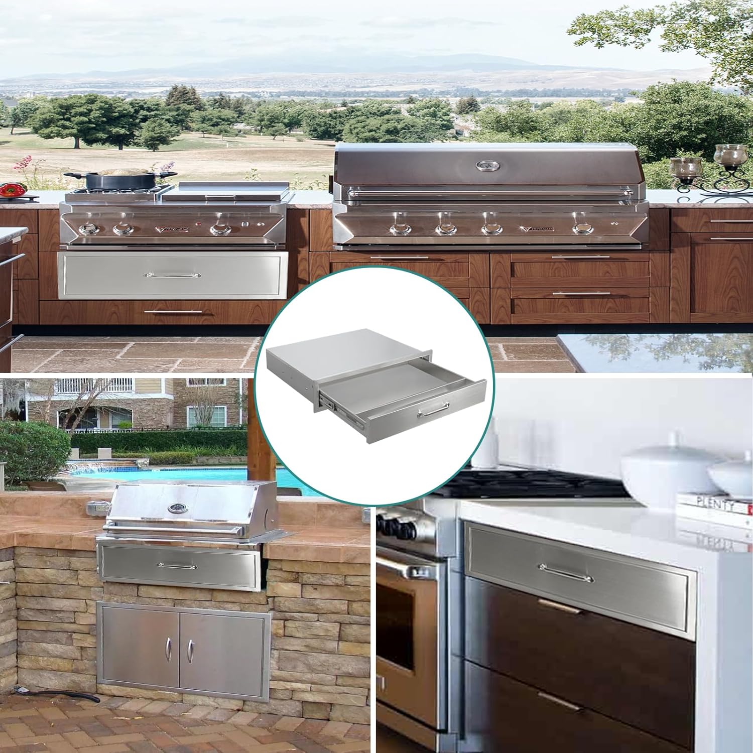 Outdoor Kitchen Drawers 30" W x 6.5" H x 23" D Stainless Steel Drawer BBQ Single Drawers with Chrome Handle for Outdoor Kitchen Island, Patio Grill Station
