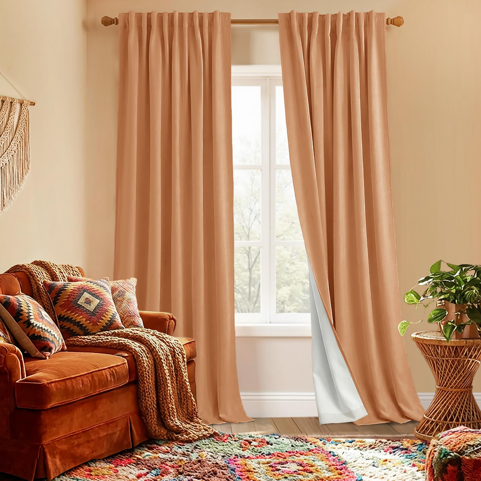 Boho Orange Blackout Curtains 108 Inches Long, Retro Mid Century Modern Pleated Drapes for Track System, 2 Panels Set