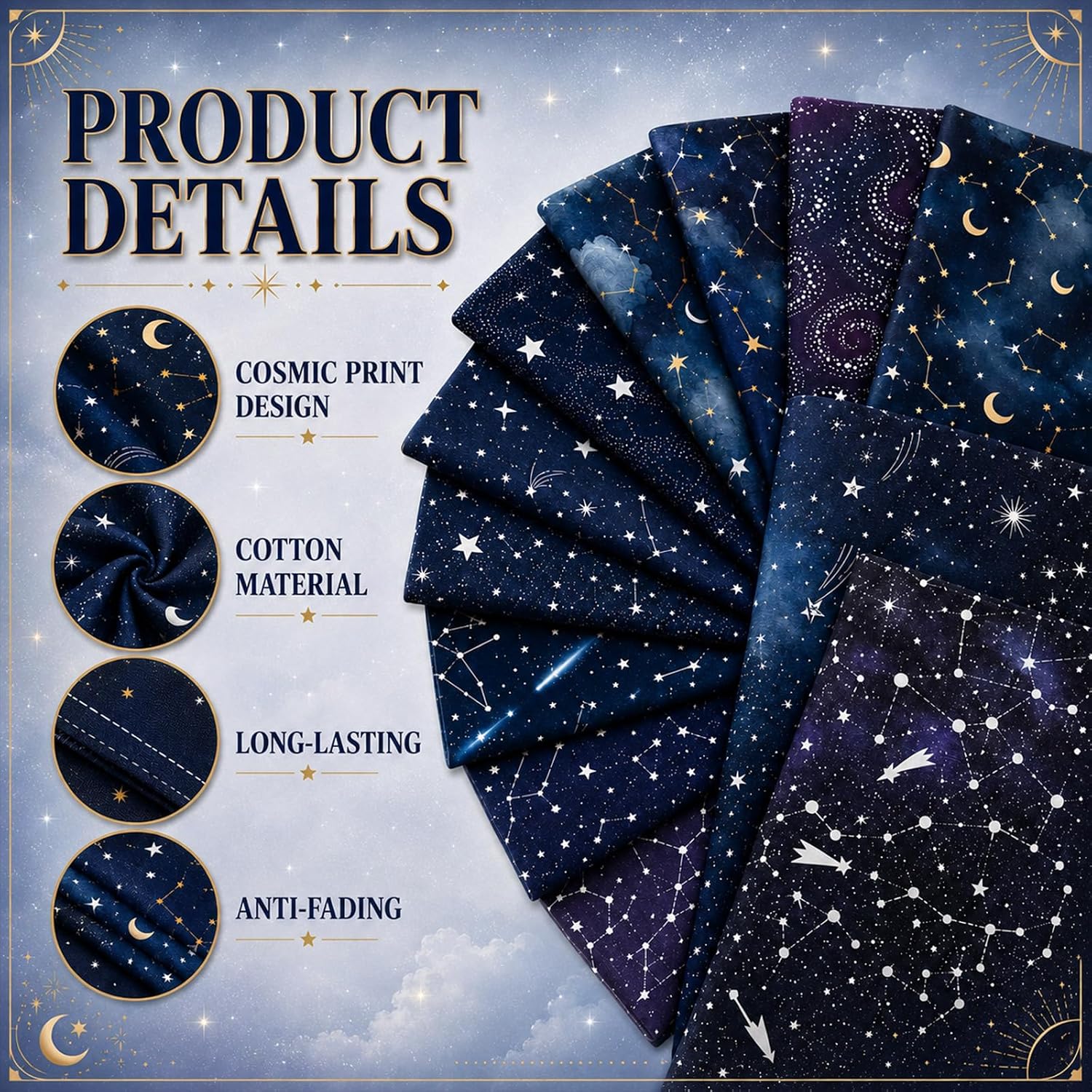 12 Pcs 100% Cotton Fat Quilting Fabric Bundles, 20"x20" Starry Sky Printed Precut Fabric, Medium Weight Cotton Fabric for Quilting, Sewing Projects, Patchwork, DIY Crafts & Home Decoration