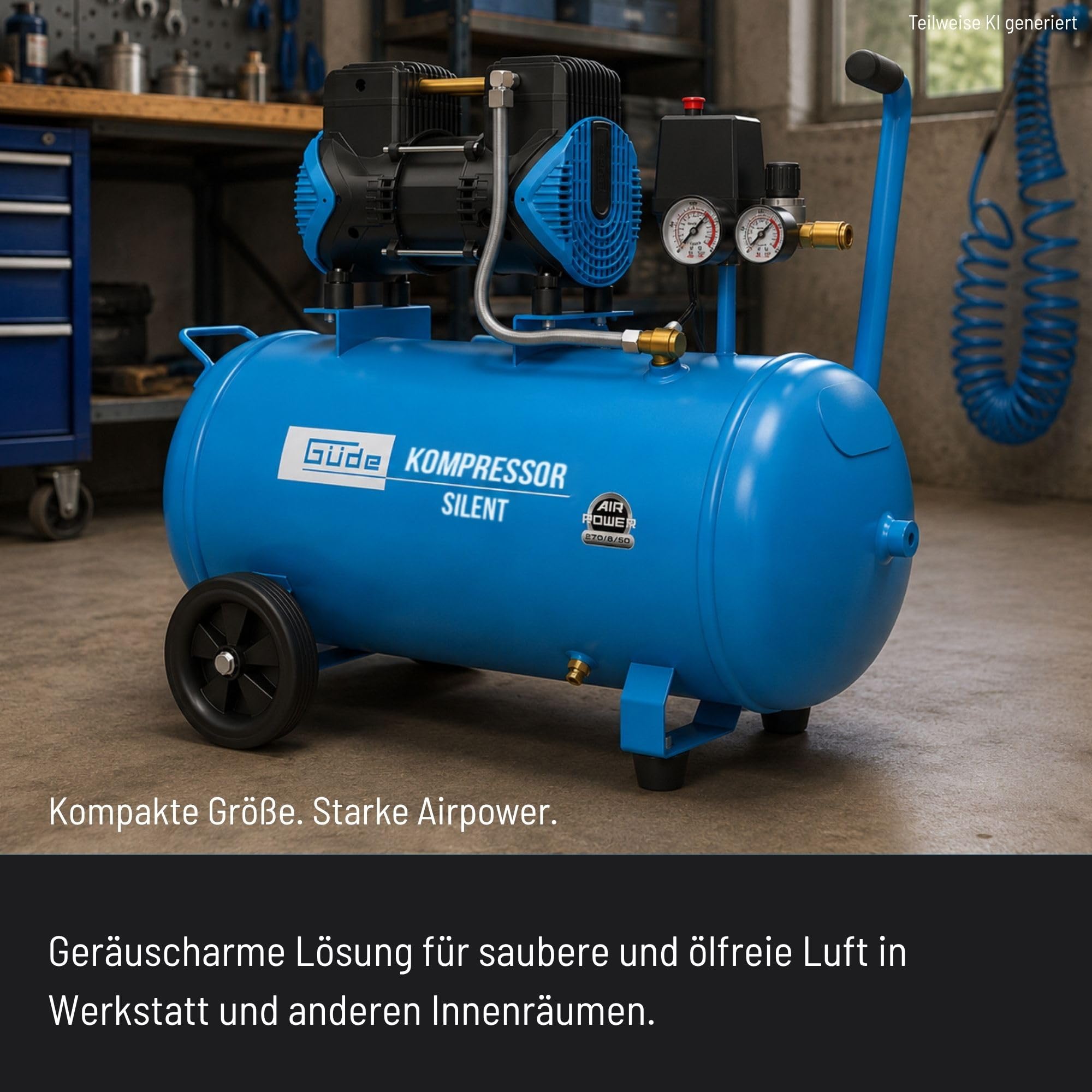 Güde Airpower 270/8/50 SILENT Kompressor - 230 Volt, 50 Liter Kessel, 1,68 Kilowatt, max. Druck 8 bar, eff. Liefermenge bei 0 bar 213 l/min, öl- und wartungsfrei, Schalldruckpegel 67 dB(A)