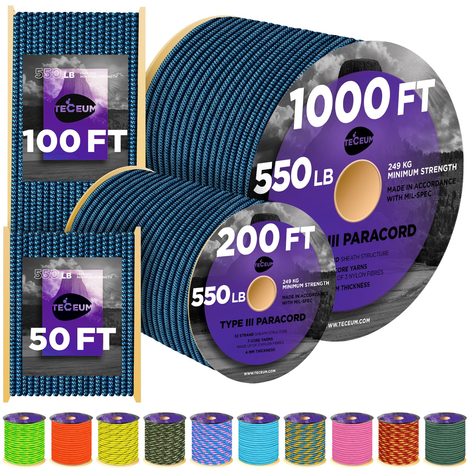 TECEUM Paracord Type III 550 Blue Snake – 100 ft – 4mm – Tactical Rope MIL-SPEC – Outdoor Para Cord – Camping Hiking Fishing Gear and Equipment – EDC Parachute Cord – Strong Survival Rope 0111b