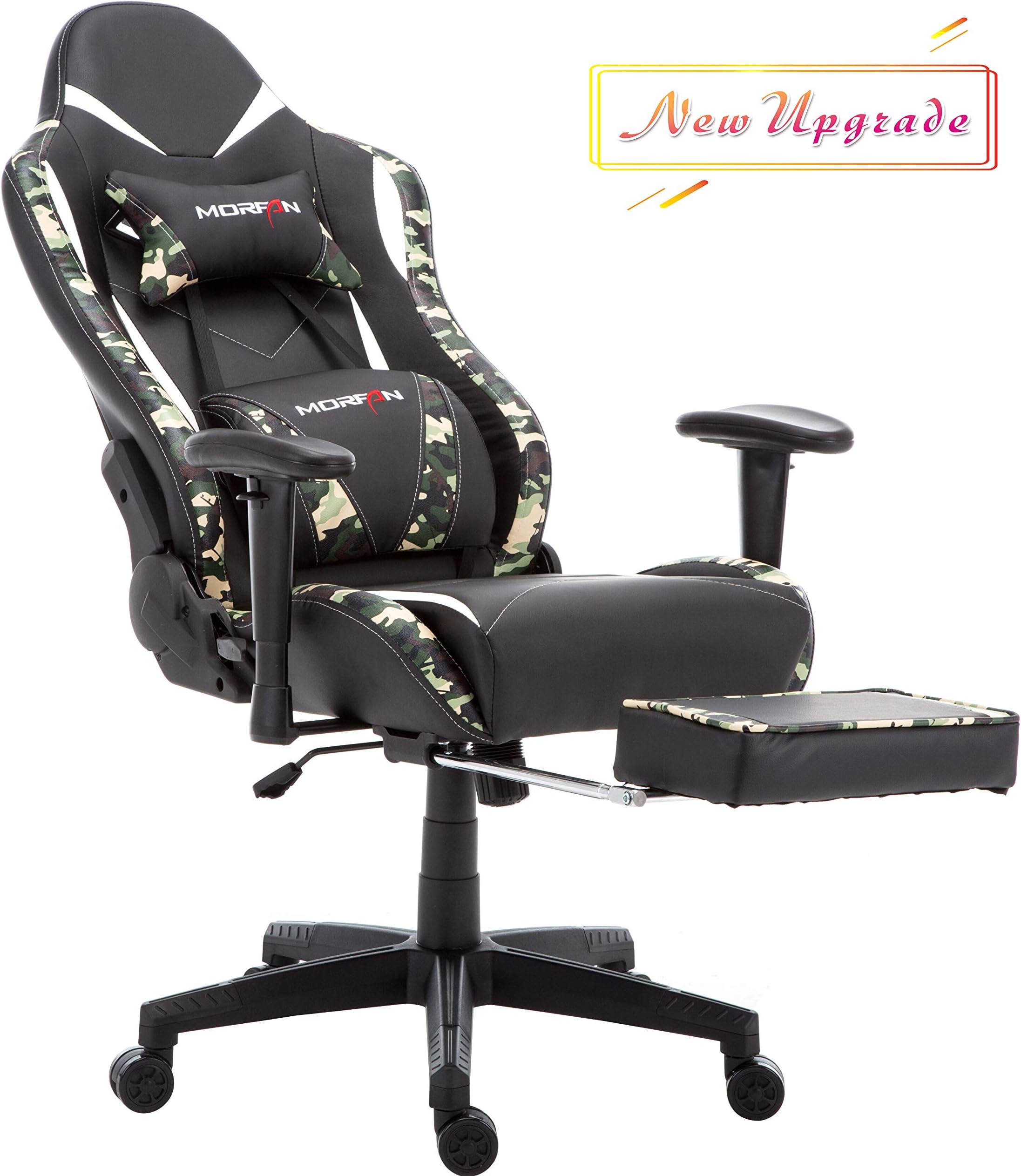 Large Size Gaming Chair Massage and Rocking Function with Footrest Large Size High Back Computer PU Leather Swivel Racing Chair with Adjusted Headrest & Lumbar Support (Black/Camo)