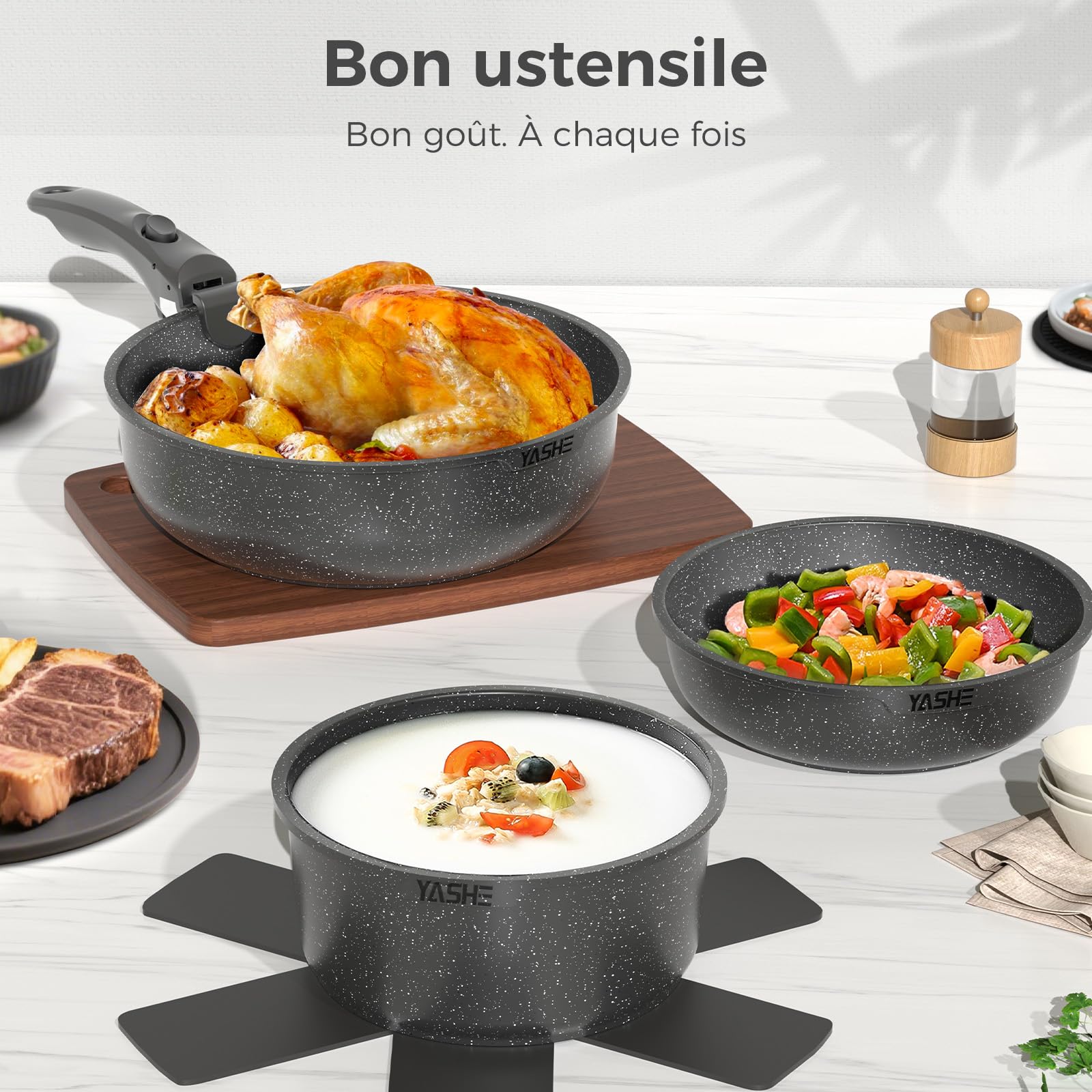 YASHE Batterie de Cuisine 9 Pièces, Set de Casseroles et Poêles Antiadhésives, Compatible Tous Feux dont Induction, Poignées Amovibles, Passe au Four, Design Empilable et Gain de Place, Grise