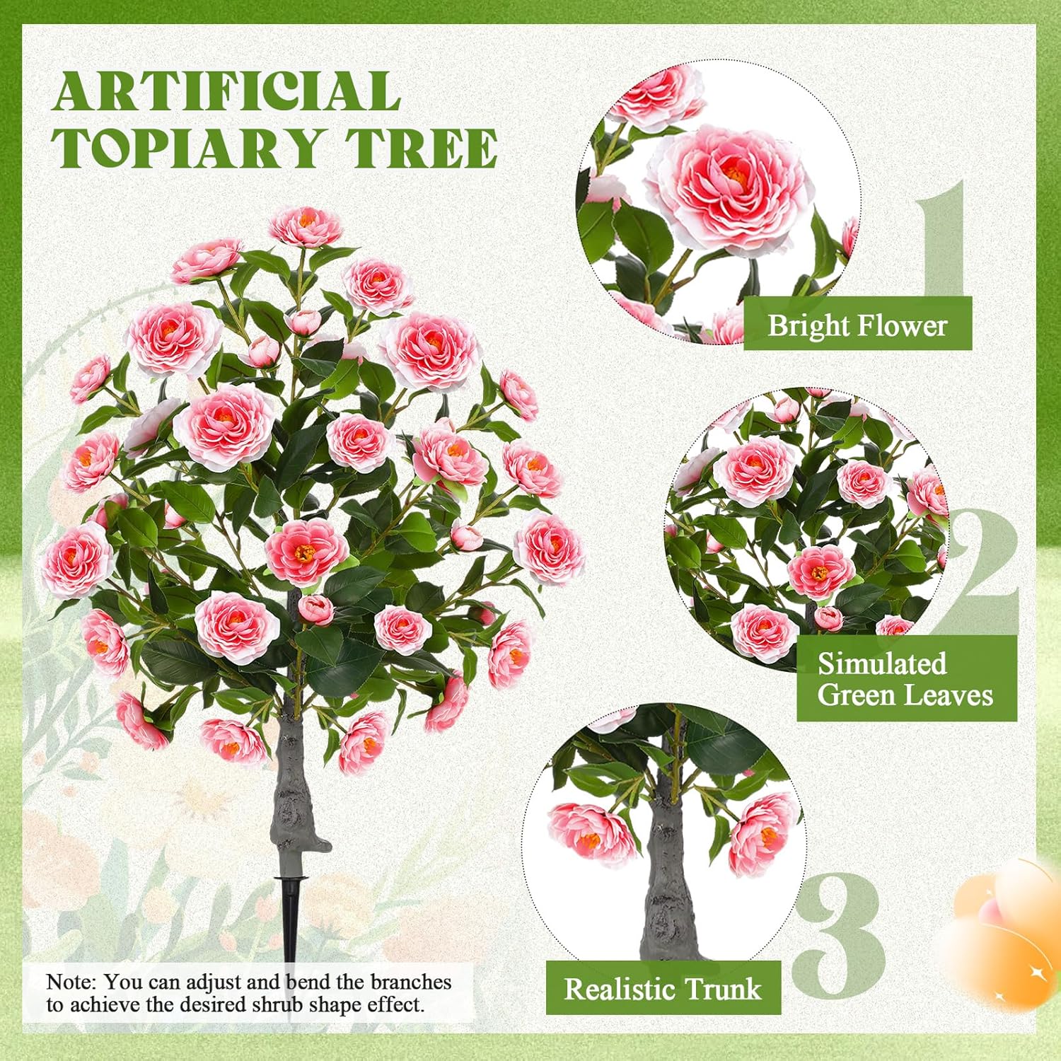 4 Pack 36" Artificial Camellia Flower Tree 3ft Outdoor Fake Flower Plant with Spike UV Resistant Faux Floral Blooming Bush for Front Door Porch Garden Indoor Patio Decor(Pink)