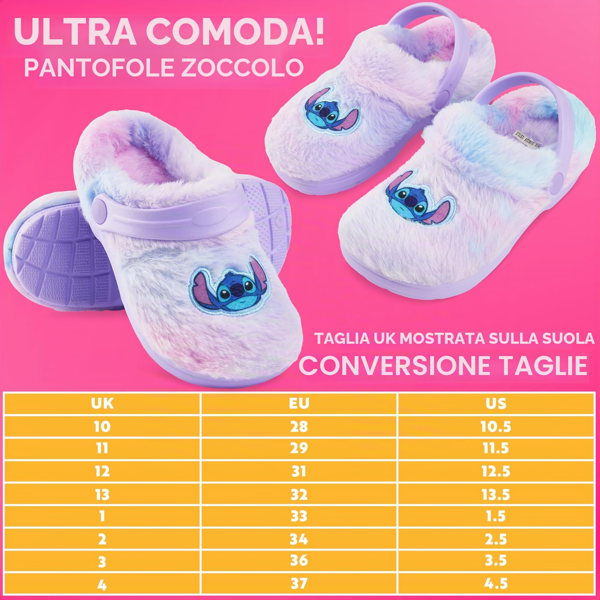 Disney Stitch Zoccoli Bambina EU 28-37, Pantofole Invernali Antiscivolo, Eva Suola Cinturino Regolabile, Regali per Lei