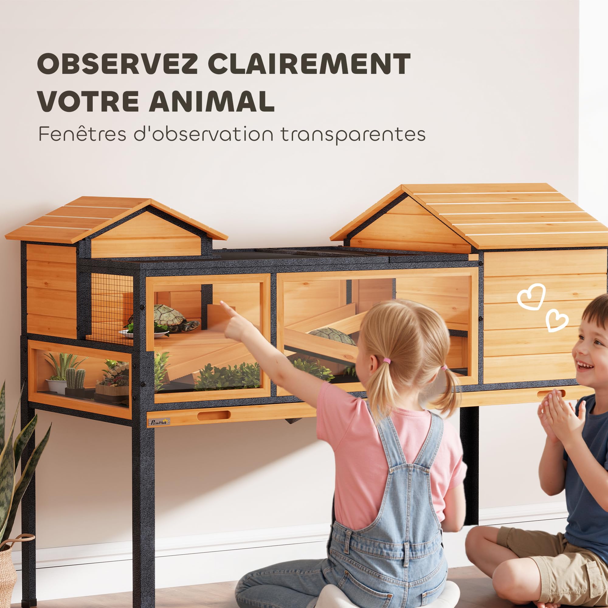 PawHut Maison pour Tortues, Habitat en Bois à 2 étages avec 2 Chambres, enclos intérieur extérieur avec rampes, Toit ouvrable et Plateau, Grande Cage pour Reptiles, 128x63x96cm, Jaune