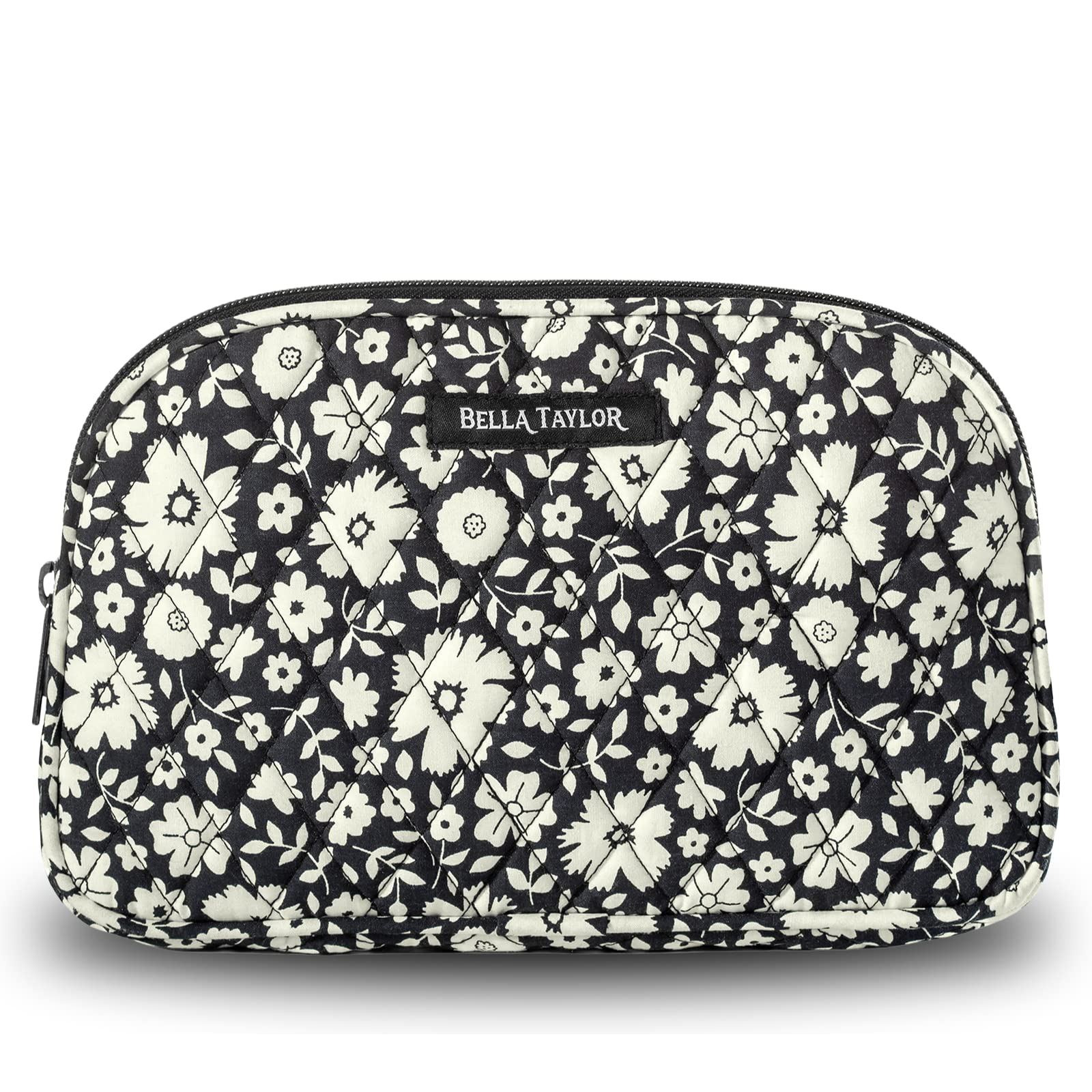 Bella Taylor Large Quilted Cotton Makeup Pouch for Women, Travel Cosmetic Bag, Quilted Cotton Bicolor Floral Black and Cream