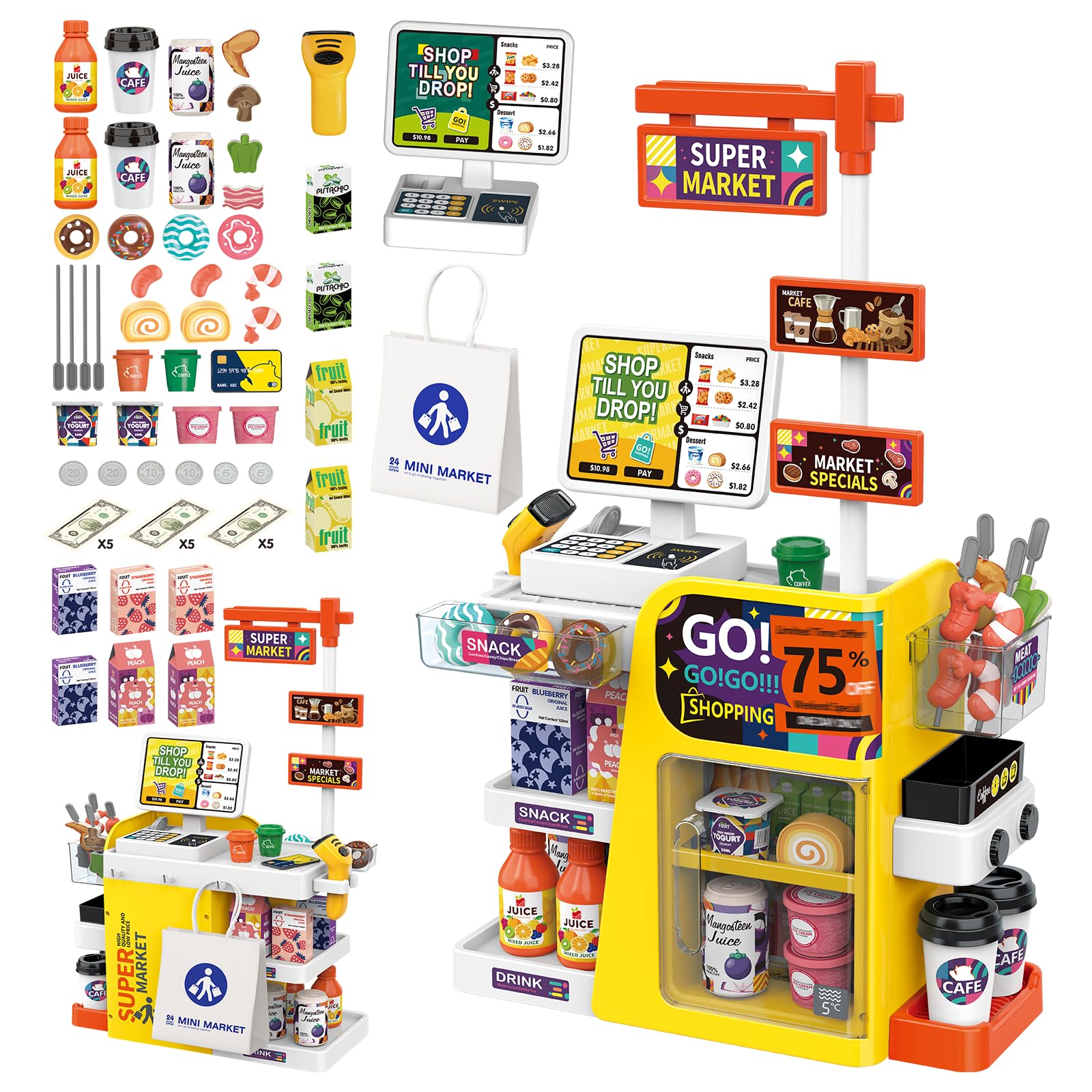RedCrab Supermercato Giocattolo per Bambini, 65 Pezzi Accessori per Negozio, Registratore di Cassa Giocattolo con Scanner e Suono, Gioco di Ruolo Regalo per Bambini 3+ Anni