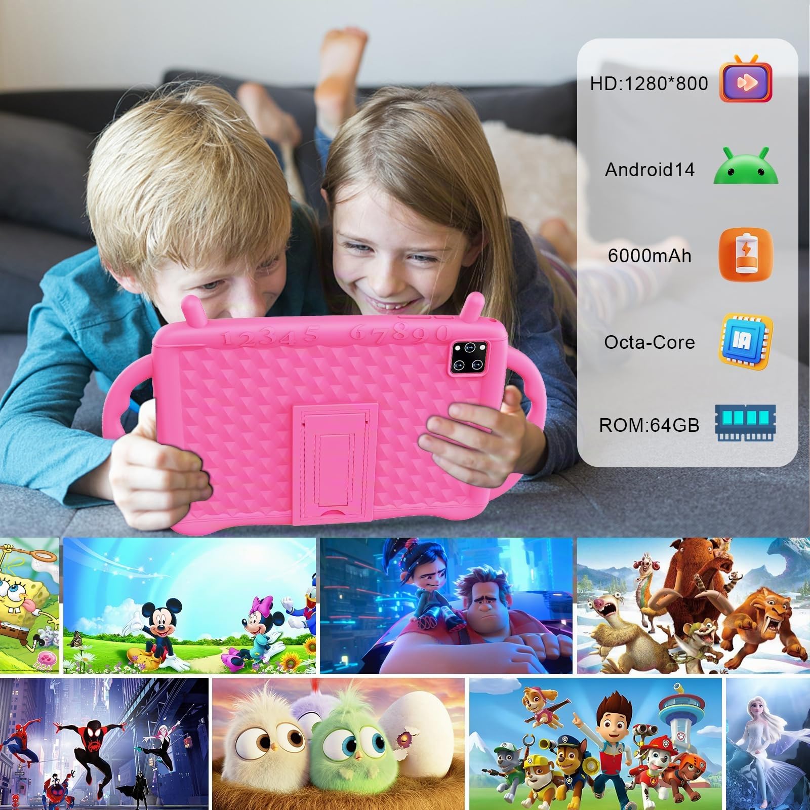 Tablet Bambini 10 Pollici, Tablet Android 14 Octa Core 2.0 GHz, 10GB RAM + 64GB ROM(TF 1 TB), 6000 mAh, WiFi, Bluetooth, Doppia Fotocamera, Controllo Genitori, APP Educazione Bambini (Rosa)