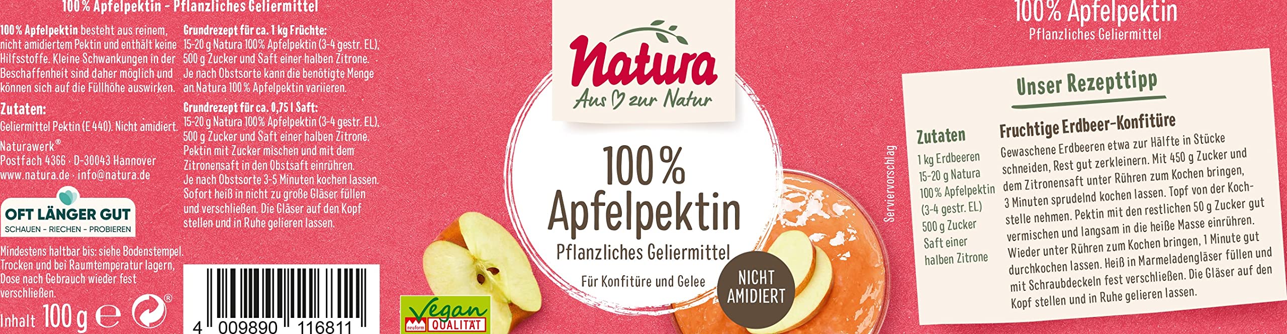 Natura 100% Apfelpektin – 200g – Pflanzliches Geliermittel ohne Zucker aus reinem Pektin – vegan und glutenfrei – Ideal zur Konfitüren- und Marmeladenherstellung
