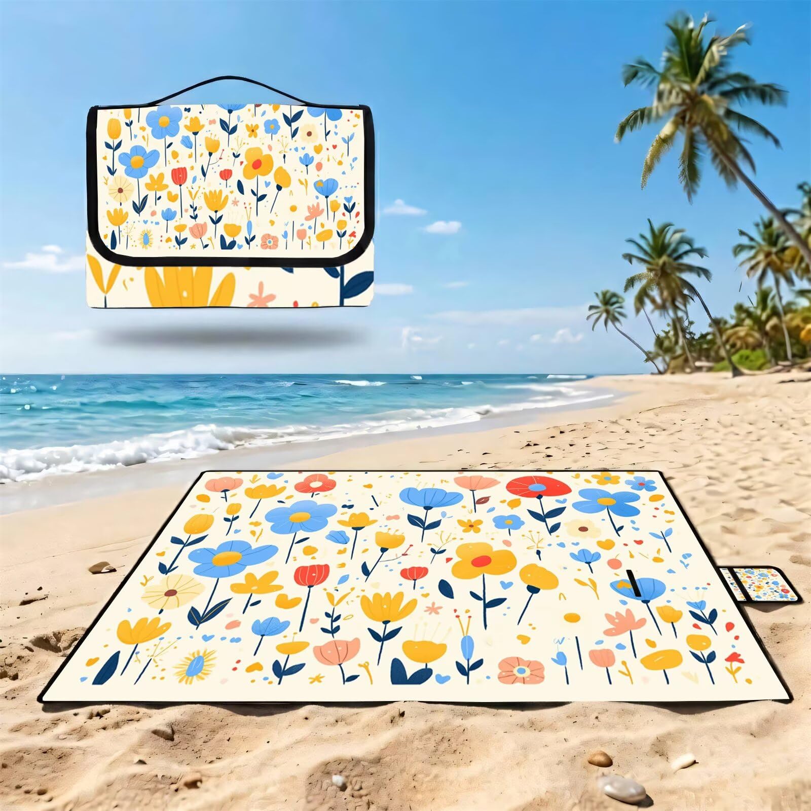Couverture Pique Nique Grande 200x300cm,Outdoor Couverture Imperméable,Pliable Tapis de Plage Dos en PVC,Picnic Blanket pour Camping Accessoires,Jardin,Parc - Couleur crème,à Motifs Floraux UZ-830