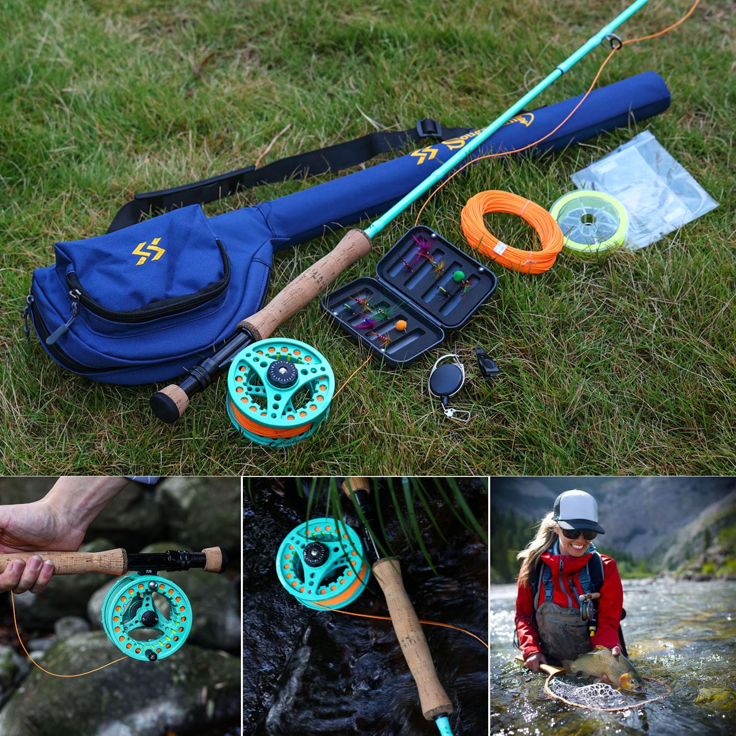 Sougayilang Ensemble canne à pêche à la mouche et moulinet, 4 sections légères et portables en graphite et moulinet en aluminium usiné CNC, kit complet de démarrage avec sac de canne à pêche