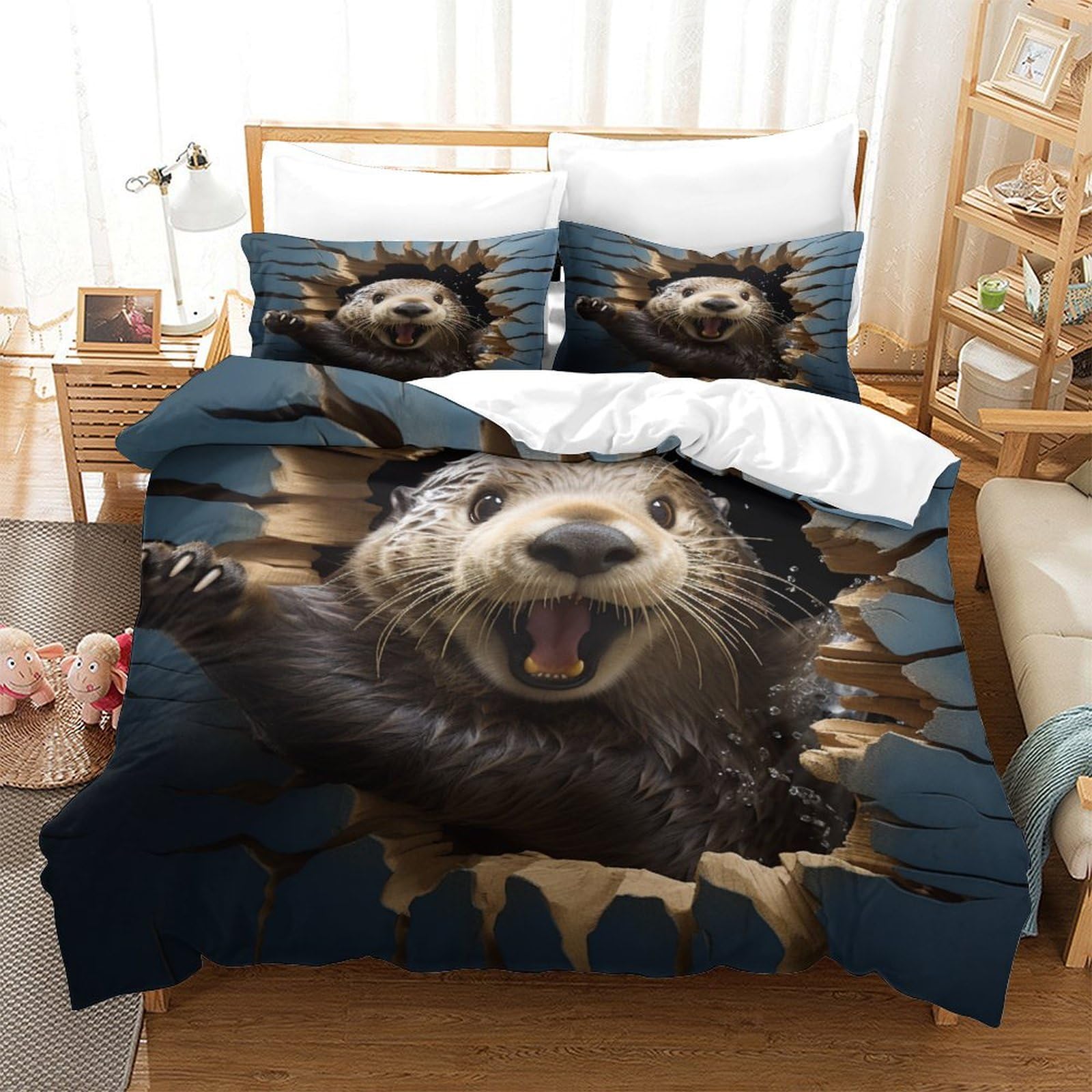 P1S9U7W5Y Vivid Animal 3D Printed Otter Duvet Cover Set 3 Pieces Microfiber Bedroom Decor Otter Bedding Set Soft Breathable for Adults Teens Gift King（220x240cm）