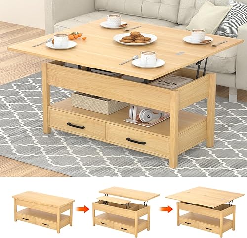 Miniatura 7 de SYESWAY Mesa de centro elevable, mesa auxiliar multifuncional 3 en 1 con cajones y compartimentos ocultos, mesa de centro se convierte en mesa de