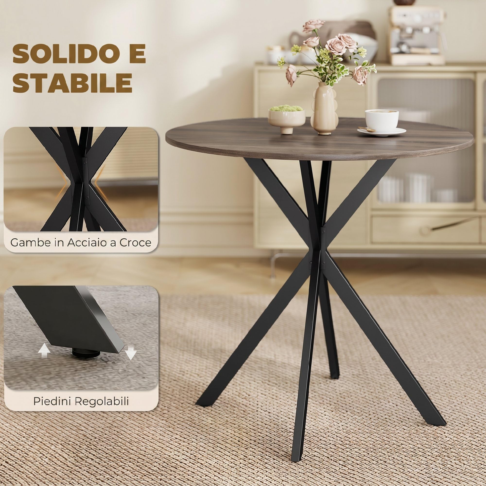 HOMCOM Tavolo da Pranzo Rotondo Ø80 cm Tavolo da Cucina per 2-4 Marrone