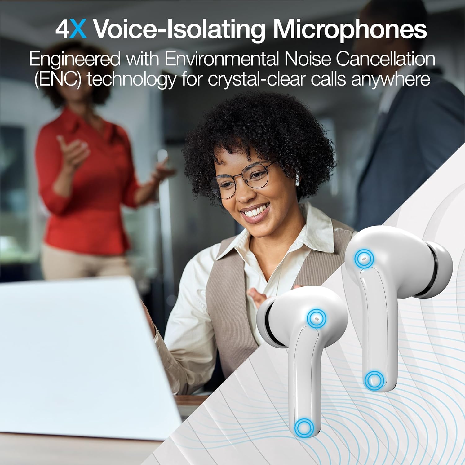 Naztech Xpods Pro charging case being charged via USB-C cable and wirelessly on a charging pad, illustrating two ways to recharge.