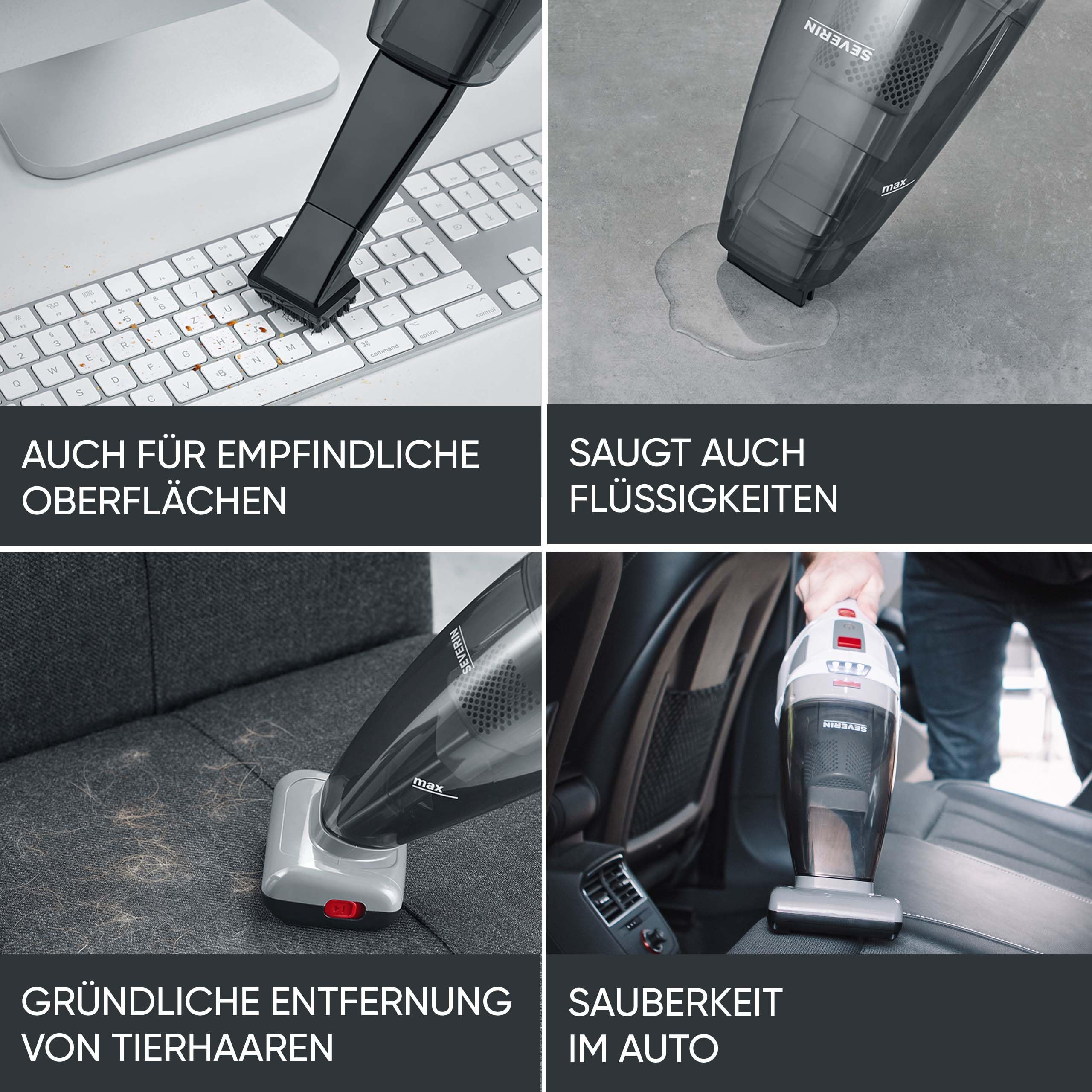 Severin 4-in-1 Akku-Handstaubsauger, kabelloser Nass- & Trockensauger für Autositze, Handsauger für Tierhaare & Flüssigkeiten, bis zu 30 Min Laufzeit im Eco-Mode, weiß-graurot, HV 7146
