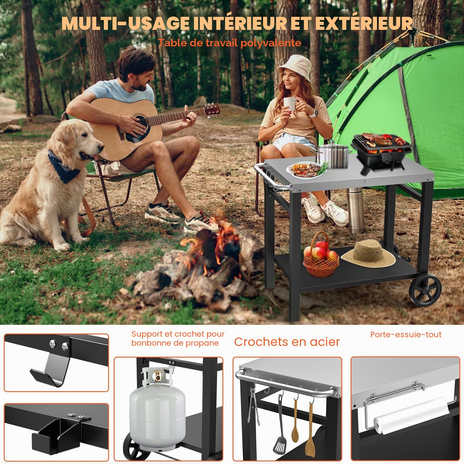 Table de Barbecue en Acier Inoxydable avec 2 Étages, Support de Four à Pizza, Chariot de Travail avec 5 Crochets, Chariot de Service Extérieur