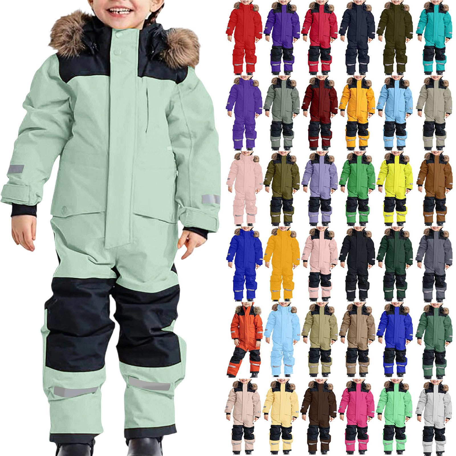 Skianzug Kinder Unisex Skioverall Wasserdicht Winddicht Schneeanzug mit Kapuze und Taschen Schneeanzüge Verdickt Thermo Einteiliges Mädchen Schneeoverall Outdoor Warme Winteranzug