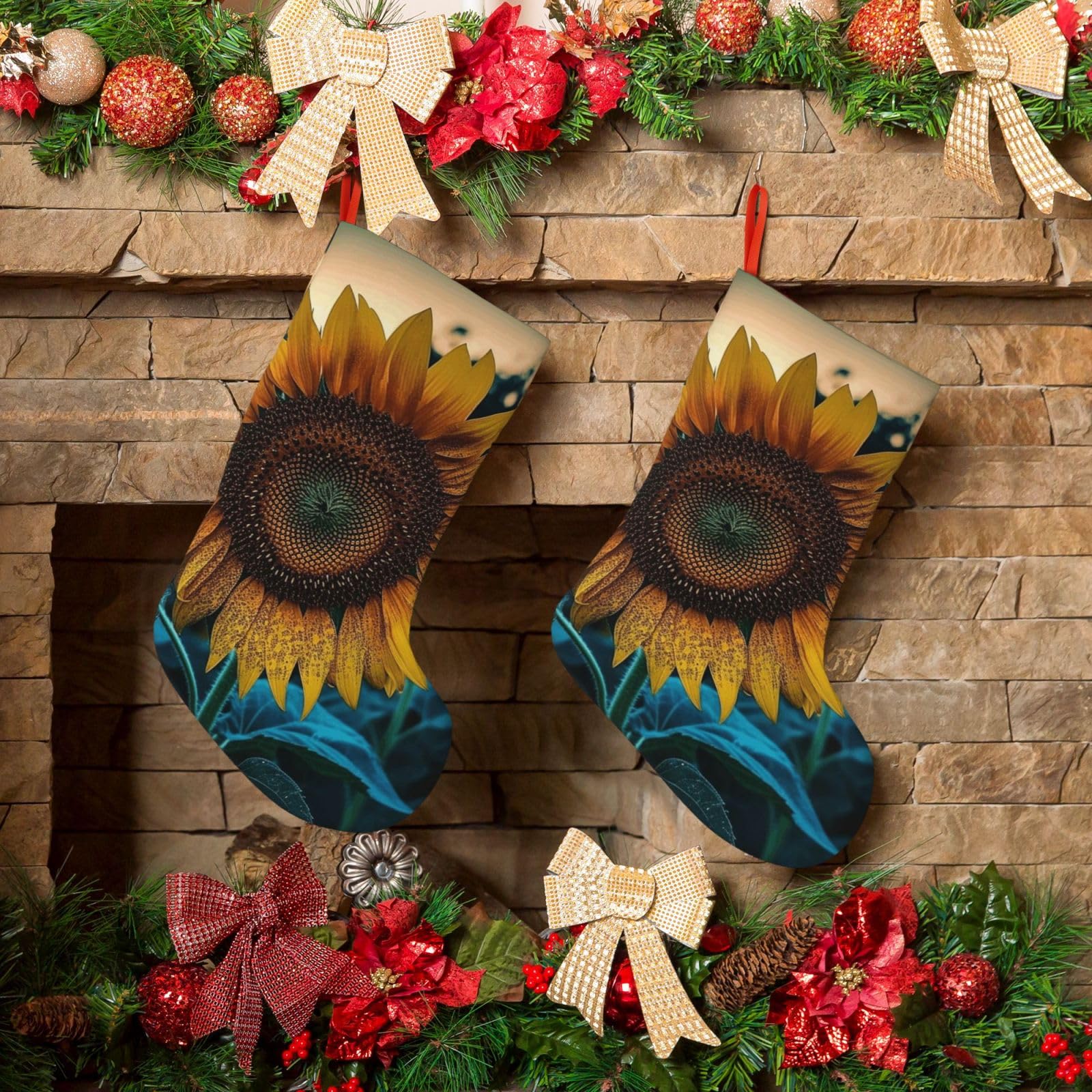 Fodpand Boys Black The Most Beautiful Sunflower Christmas Stockings Hanging Ornaments For Holiday Decor, 18 Inches Velvet Fireplace Hanging Xmas Stocking, Candy Gift Bags For Christmas Decorations