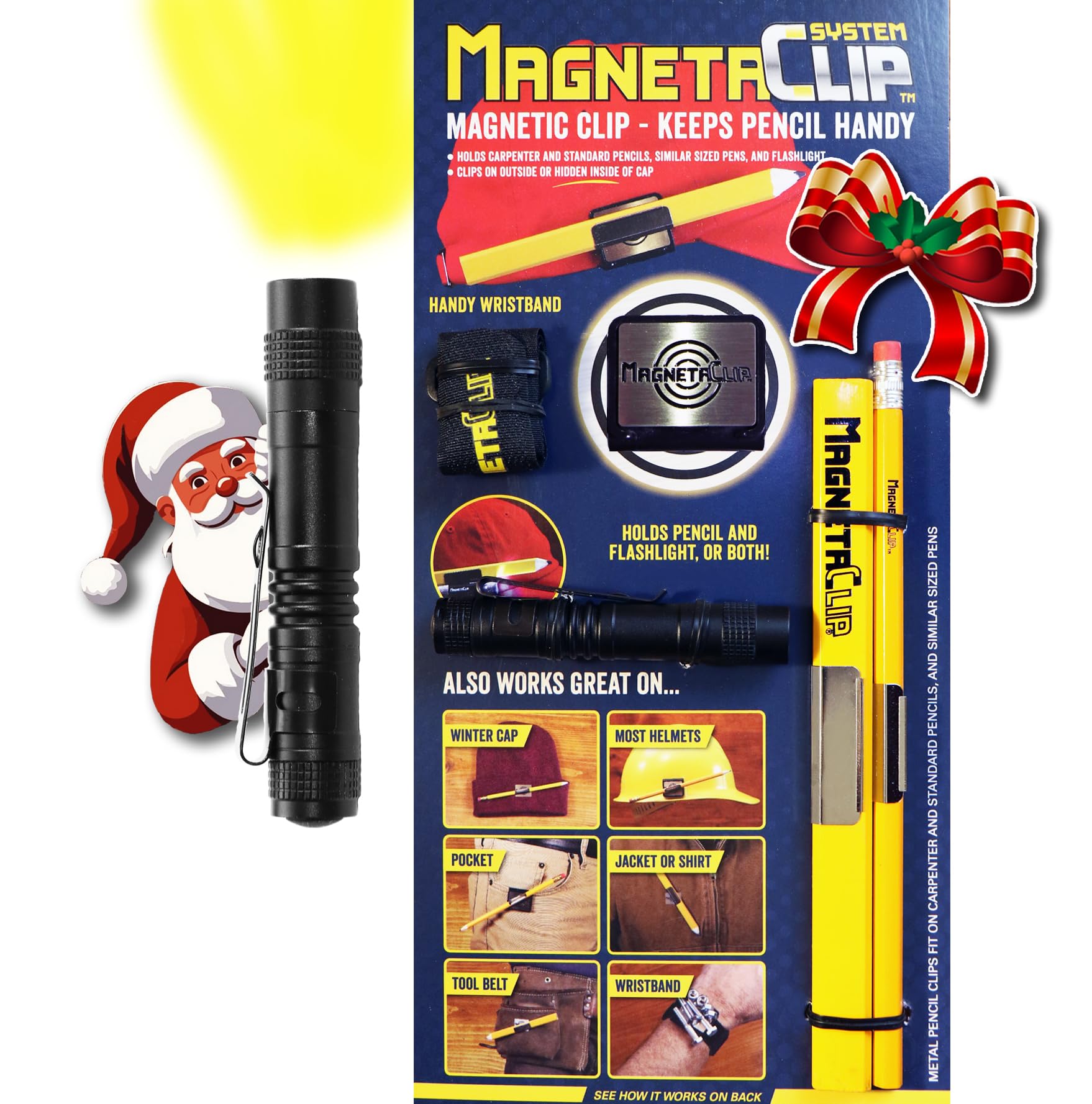 MAGNETACLIP SYSTEM - STRONG MAGNETIC Pencil, and Flashlight Holder for baseball cap, winter hat, helmet, belts and more! Handy wristband included!