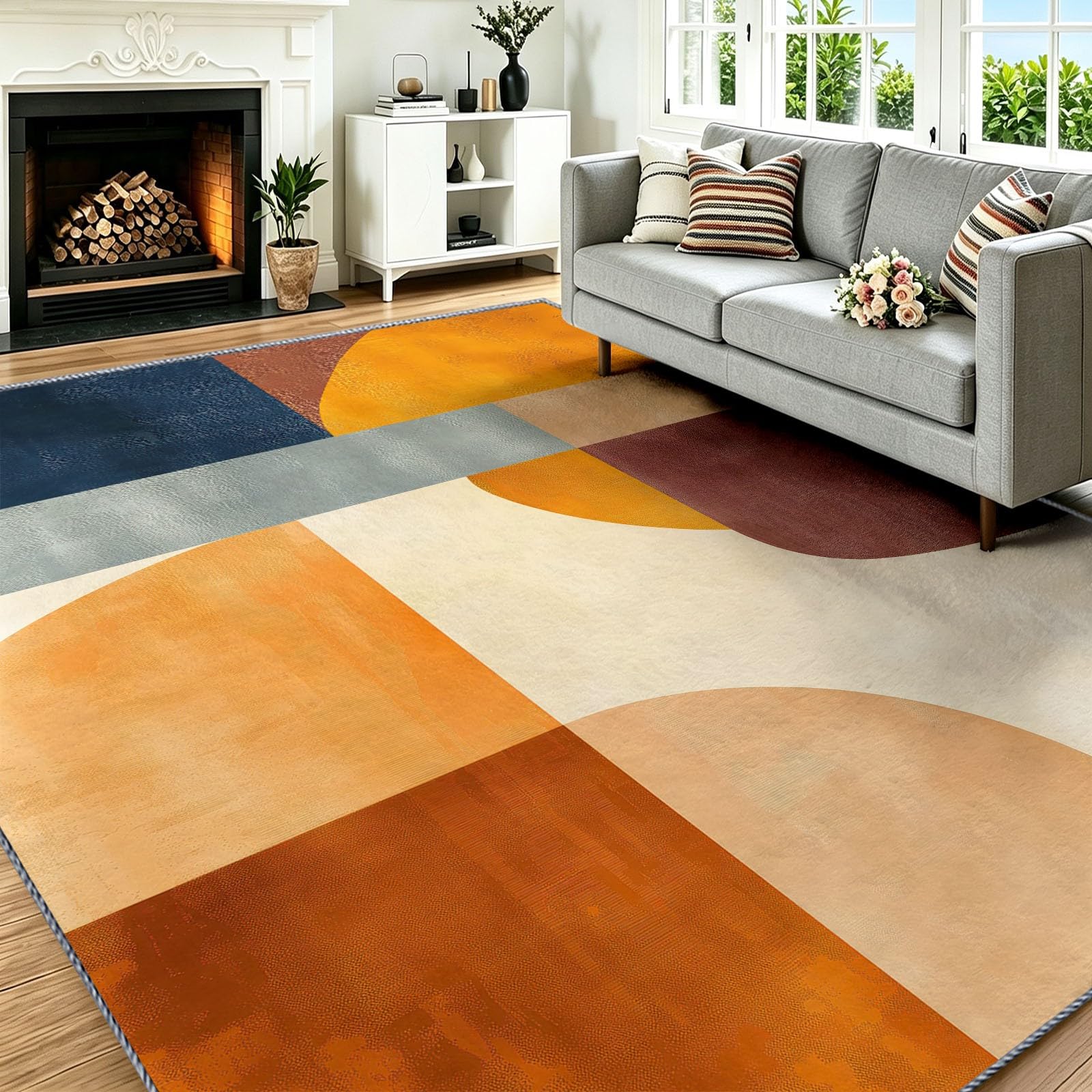 Générique Tapis Salon 120 x 170 cm Color-Block Géométrique Imprimé Graphique, Tapis Moderne Mid-Century Modern, Lavable Antidérapant, Decoration Chambre Maison, Poil Ras, Doux, Jaune