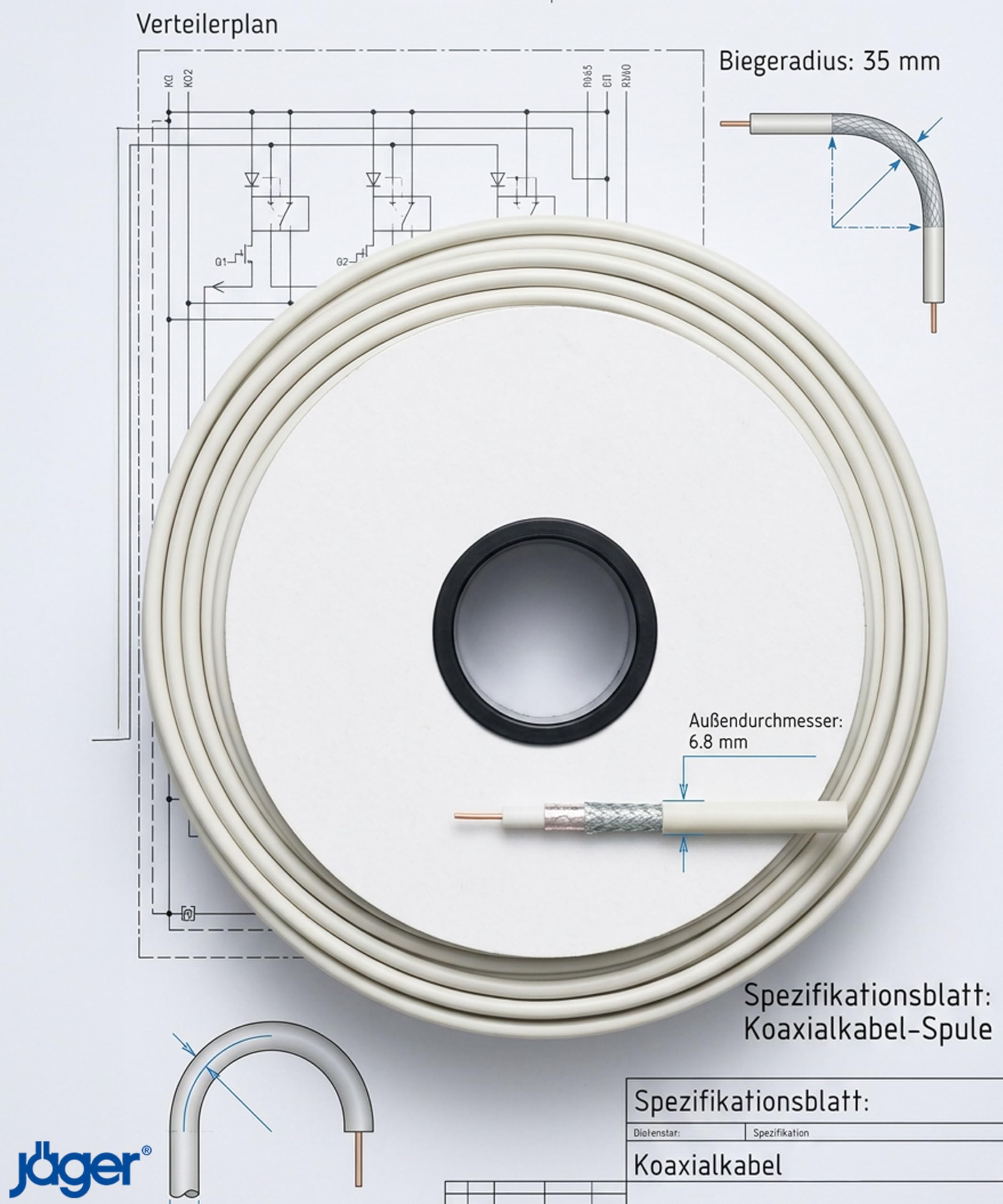 Jäger 500m Koaxialkabel SAT TV Antennenkabel Digital Koaxkabel Koaxial Kabel BK Anlage >90 dB 75 Ohm SAT-Kabel für DVB-T DVB-C DVB-S Radio DAB HDTV Weiß