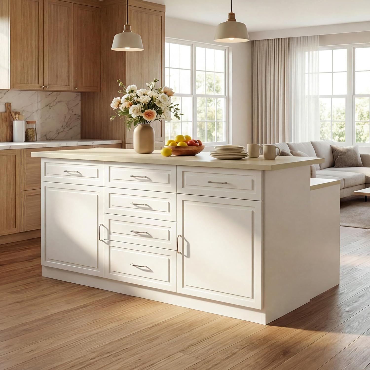 Homsee 78.7" Large Kitchen Island with Charging Station, Home Bar Stationary Kitchen Islands with Stone-Patterned Step Countertop, Modern Storage Stationary Prep Table with Seating, White