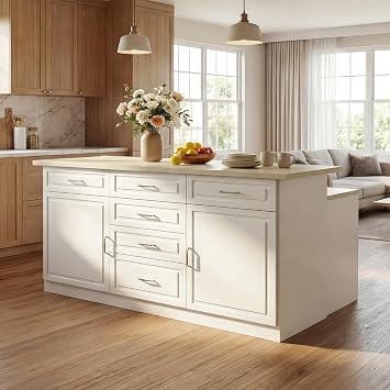 78.7" Large Kitchen Island with Charging Station, Home Bar Stationary Kitchen Islands with Stone-Patterned Step Countertop, Modern Storage Stationary Prep Table with Seating, White