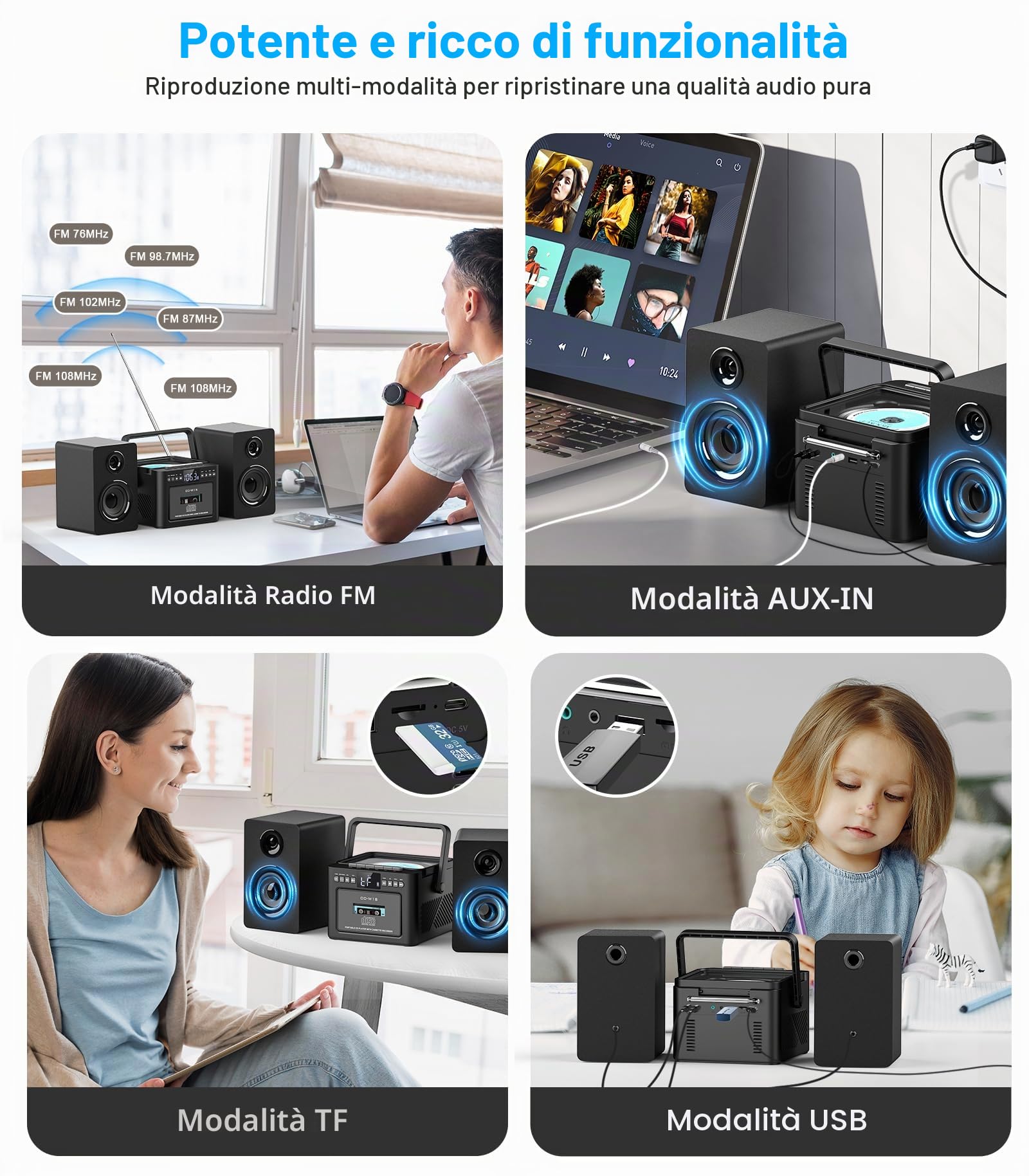 Greadio Impianto stereo per la casa con Boombox CD e lettore di cassette Combo, sistema stereo domestico da 40 W con Bluetooth, radio FM/USB/TF/AUX/telecomando, altoparlanti da scaffale in legno