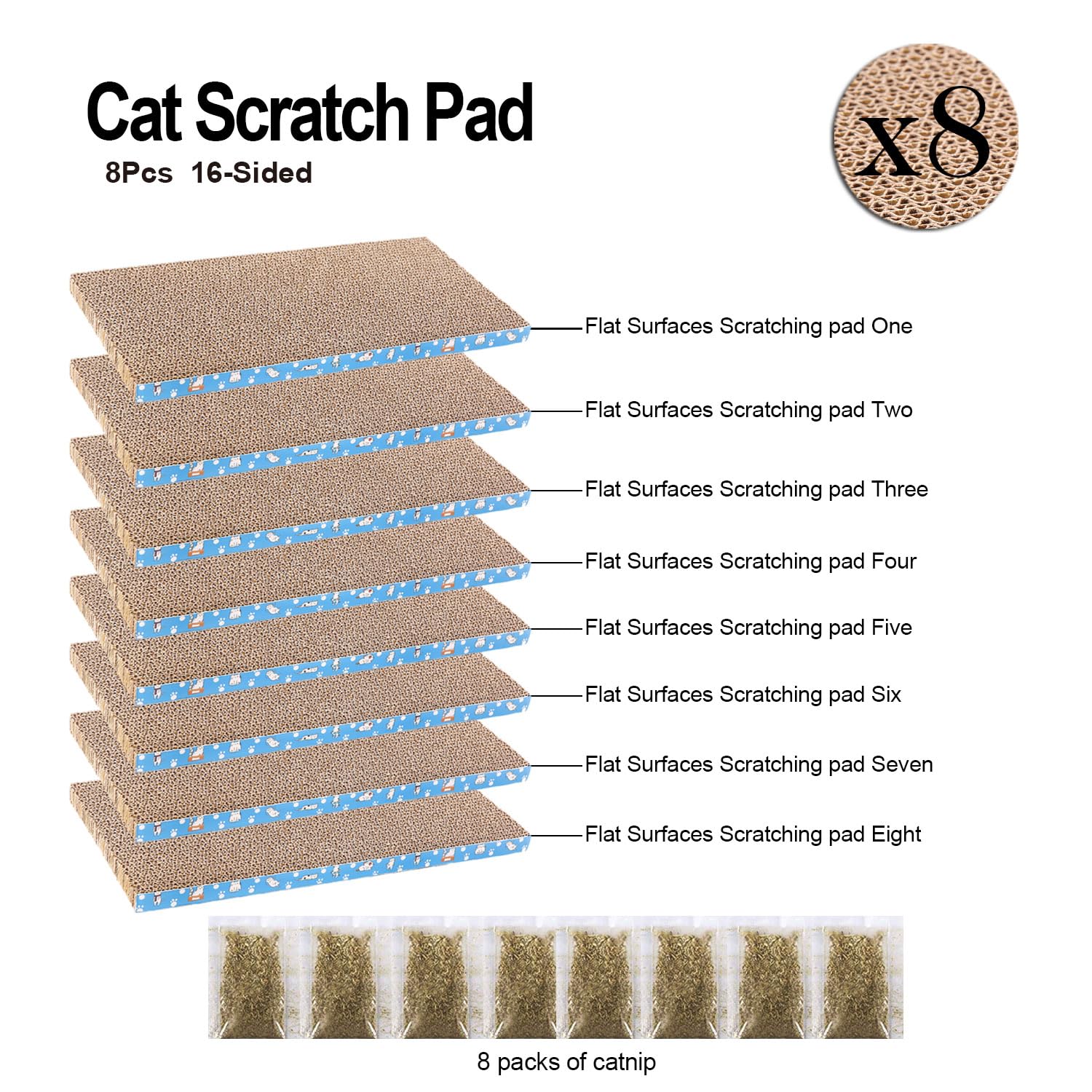 8 paquetes en 1 almohadilla para rascar gatos, cartón rascador para gatos, reversible, cartón reciclable duradero, antiarañazos premium, adecuado para que los gatos descansen, molan garras y jueguen