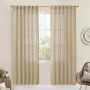 LAMIT Light Filtering Linen Curtains 78 inch for Bedroom, Faux Linen Textured Semi Sheer Back Tab and Rod Pocket Boho Modern Drapes for Living Room/Farmhouse, Brown, 2 Panels, 52 x 78 Inch