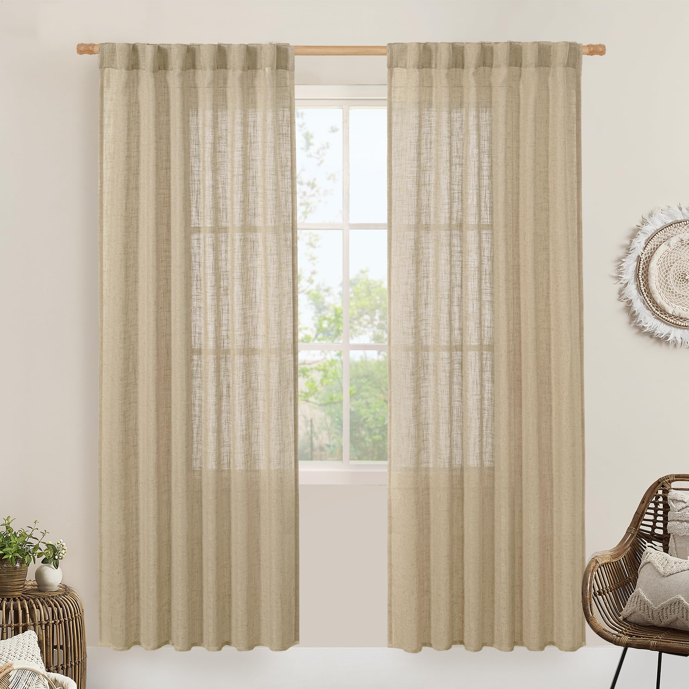 LAMIT Light Filtering Linen Curtains 78 inch for Bedroom, Faux Linen Textured Semi Sheer Back Tab and Rod Pocket Boho Modern Drapes for Living Room/Farmhouse, Brown, 2 Panels, 52 x 78 Inch