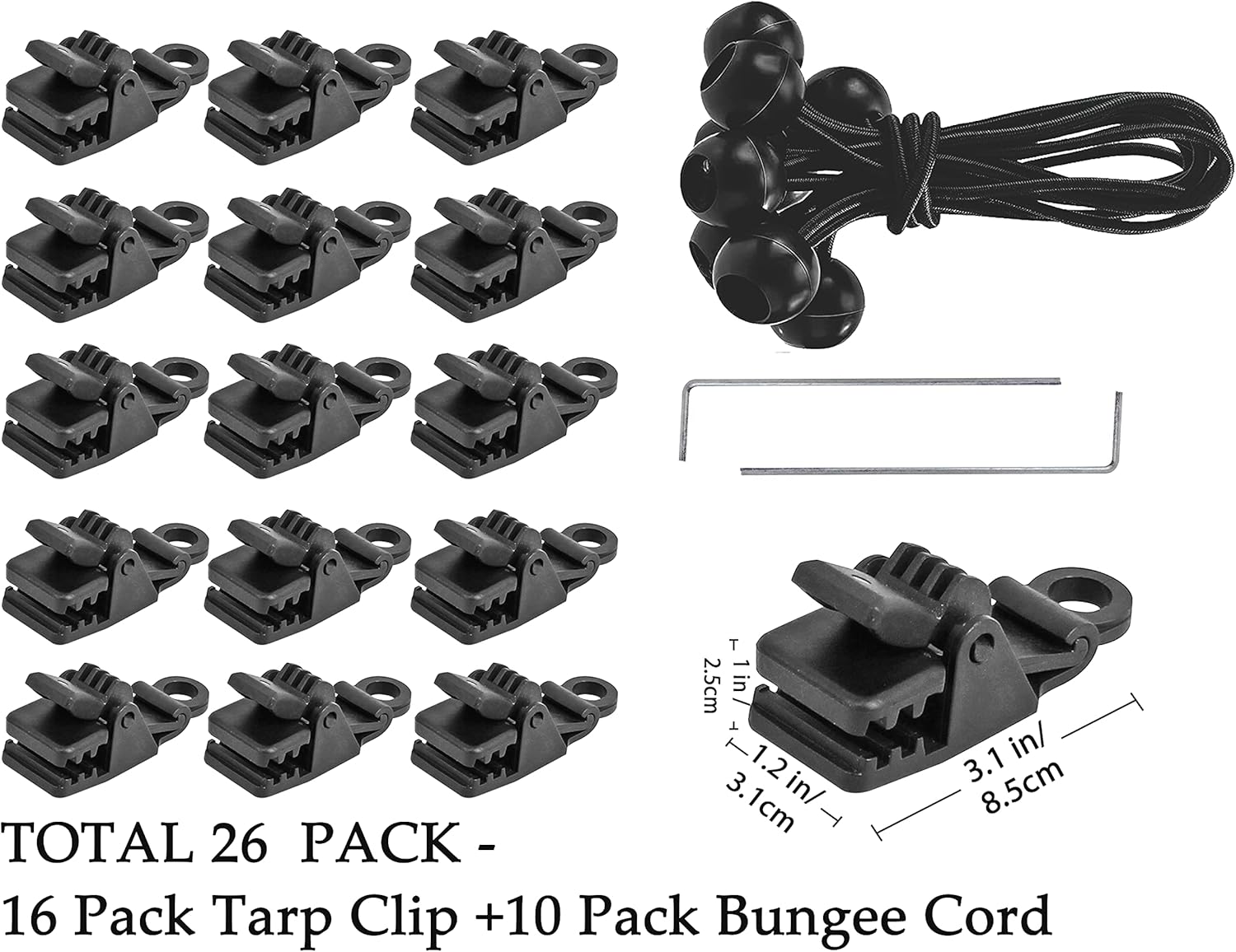 26Pcs Tarp Clips and Bungee Cord, New Press-Lock Design, Tent Snaps Camping Clamp Clips Awnings Clips for Camping and Sun Shade