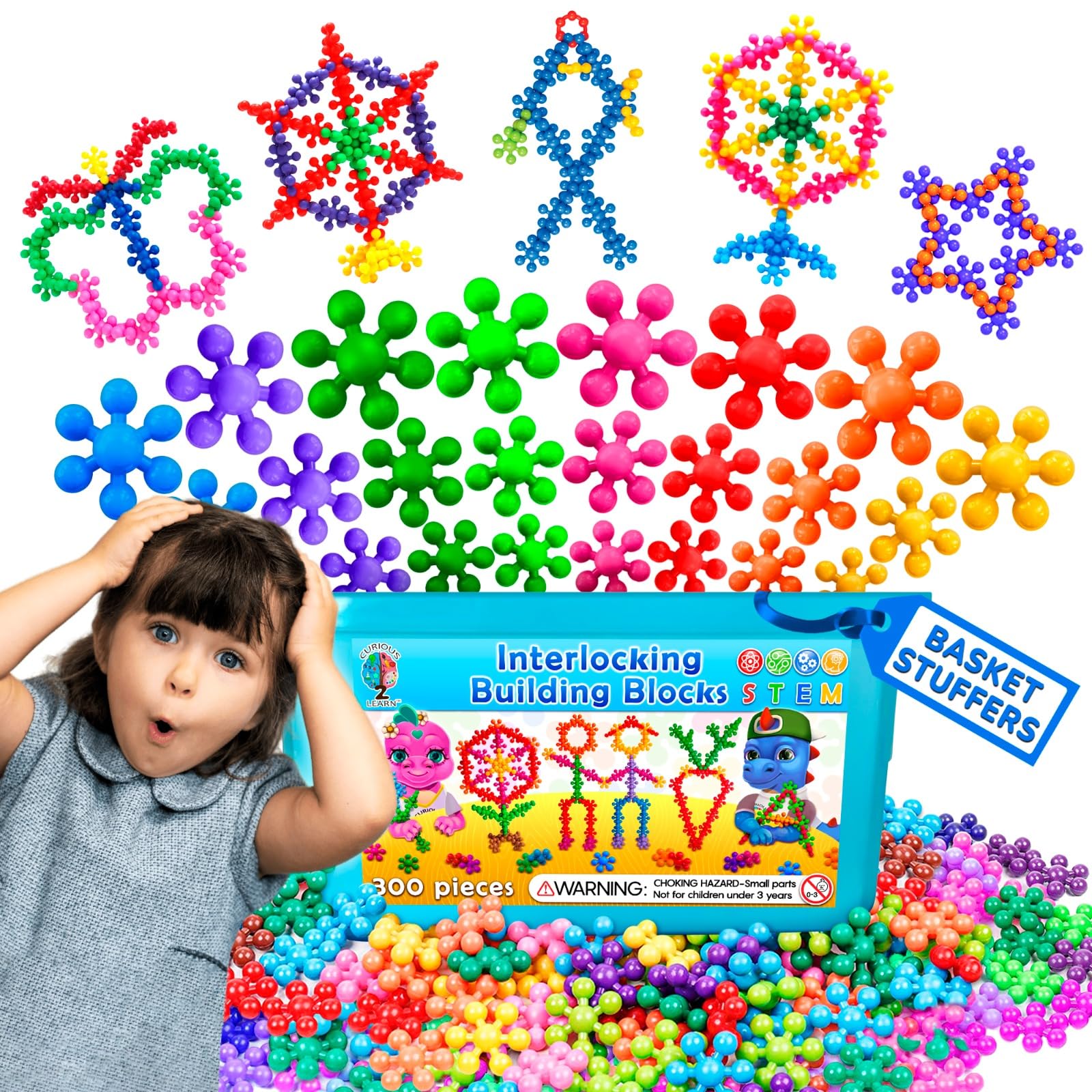 Curious 2 Learn Building Blocks 300ct - STEM Toys for Creativity - 4 Year Old Boy Birthday Gift - Interlocking Discs Set - 5 Year Old Boy Birthday Gift - Educational Toys