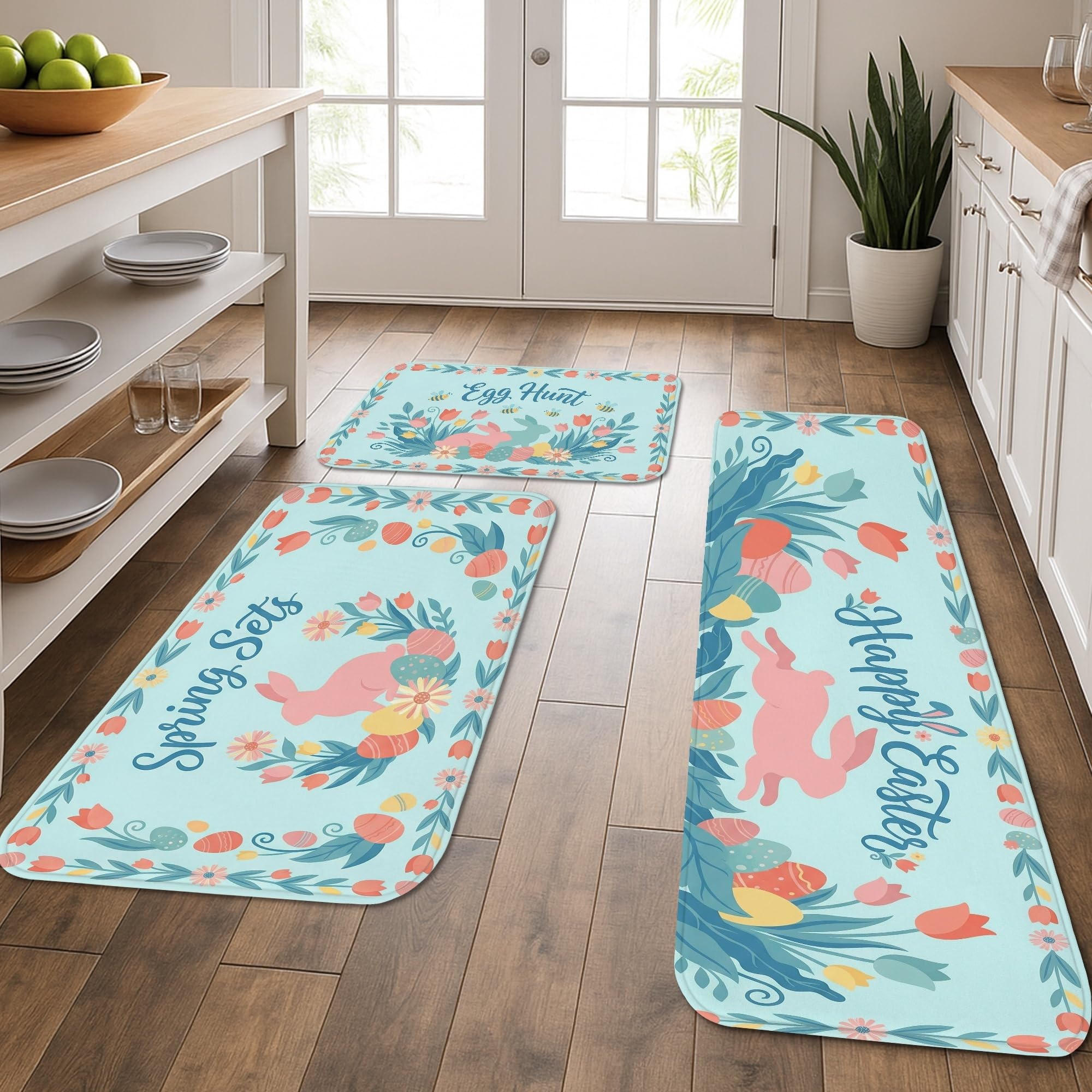 Tapis de cuisine lot de 3 avec motif floral de Pâques confortables et lavables