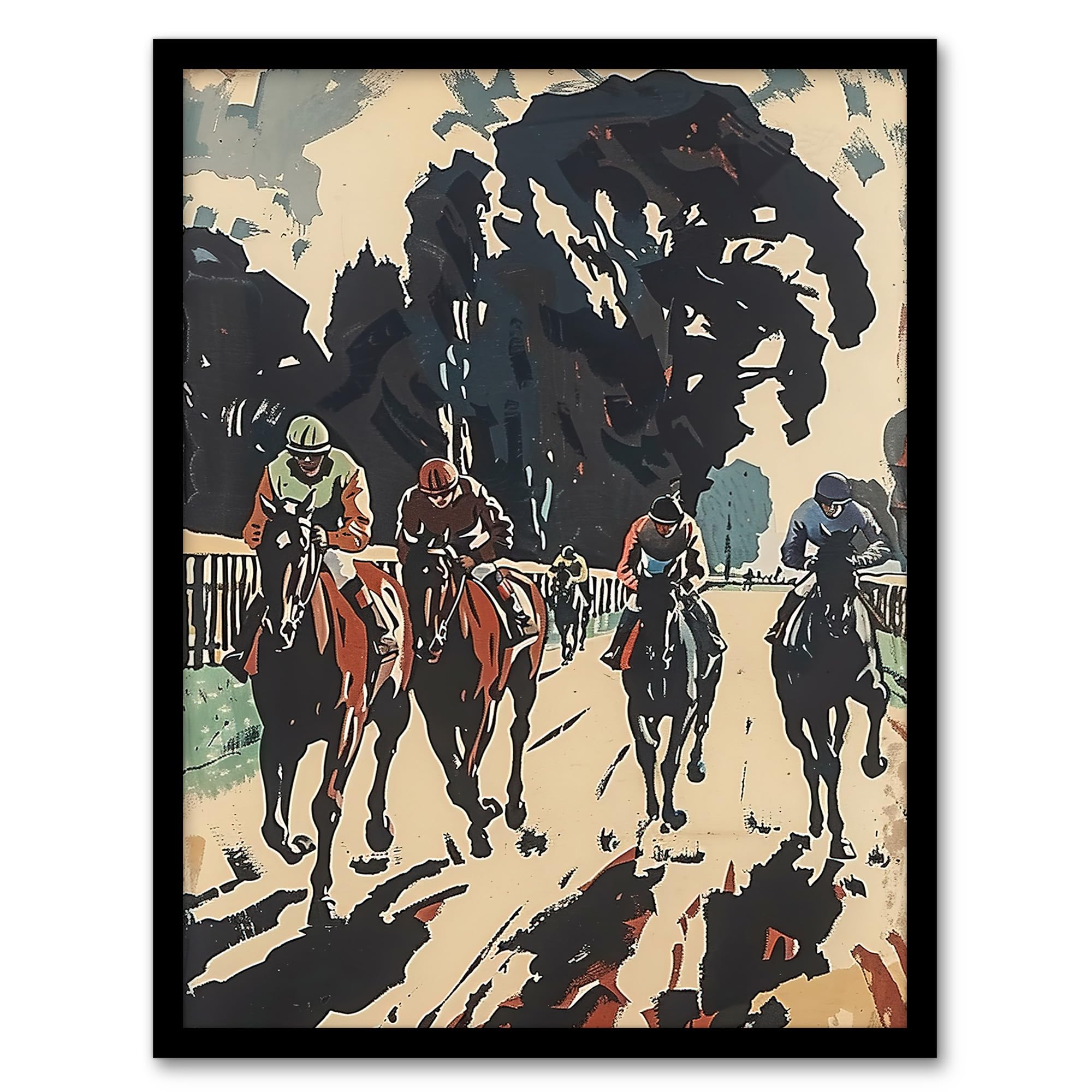 Artery8 Horse Racing Scene Modern Artwork Jockeys Bold Man Cave Fathers Day Artwork Framed Wall Art Print A4