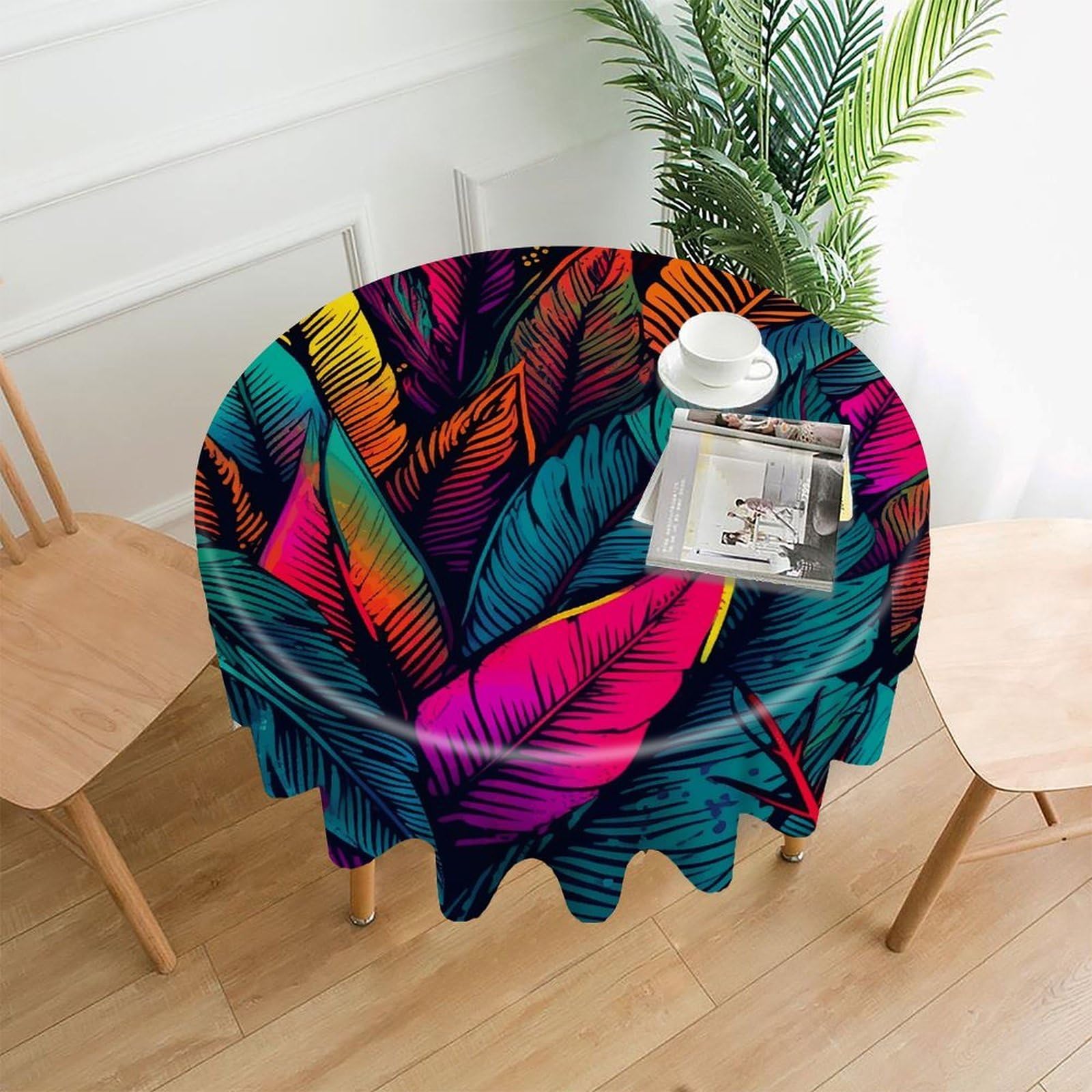 VstaDank Colorful Tropical Leaves Pattern Tablecloth Easy to Clean Polyester Round Table Cover Washable Round Table Cloth Wrinkle-Free Circle Decoration Tablecloth for Kitchen Dining Room 60"