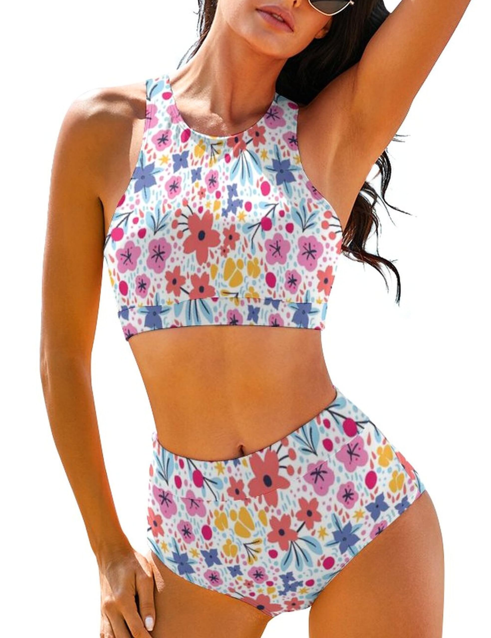 Cerburny Conjunto de bikini de cintura alta para mujer, traje de baño de 2 piezas para mujer, bikini de cuello alto, trajes de baño de espalda cruzada
