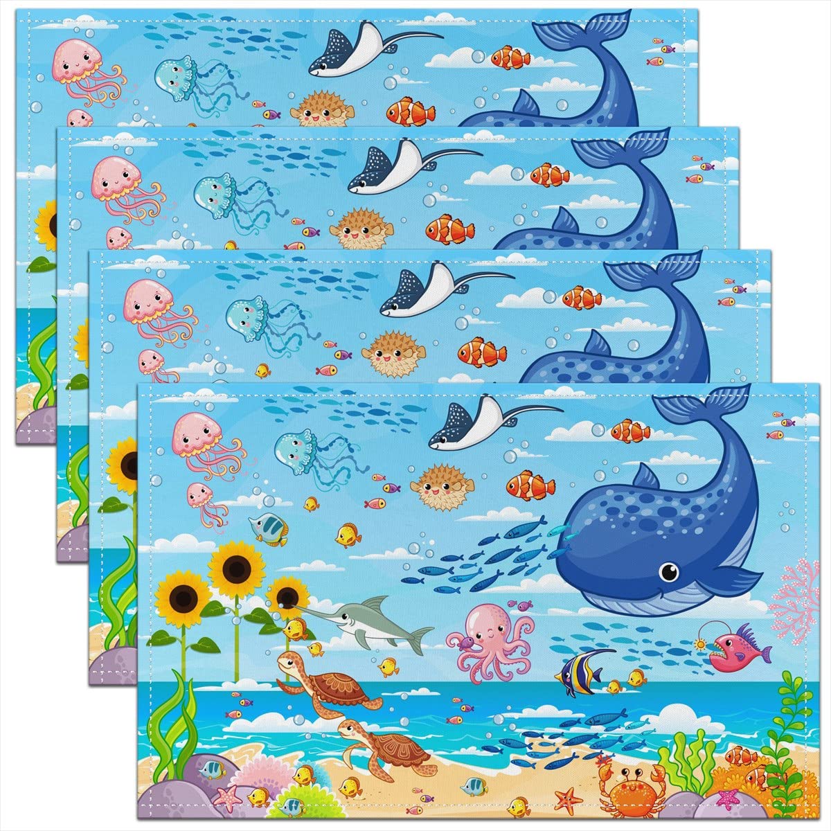 Richhome Boys Color 15 Cartoon Sealife Placemats Cute Whale Turtle Lovely Wild Animals Place Mats For Kids Girls Watercolor Sunflowers Seaside View Summer Themed Kitchen Mats For Dining Table 12X18 Inch Set Of 4