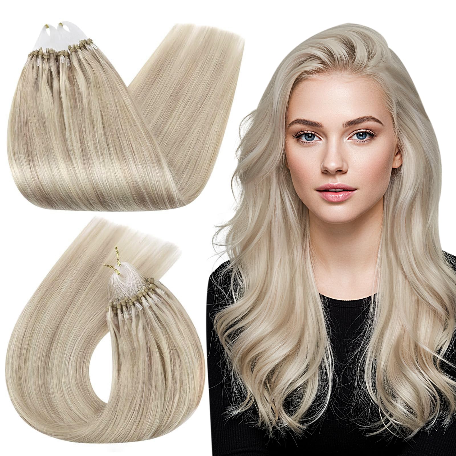 Ugeat Micro Extensions Human Hair Highlight Microlinks Hair Extensions Human Hair Light Blonde with Ash Blonde Micro Bead Hair Extension with Soft and