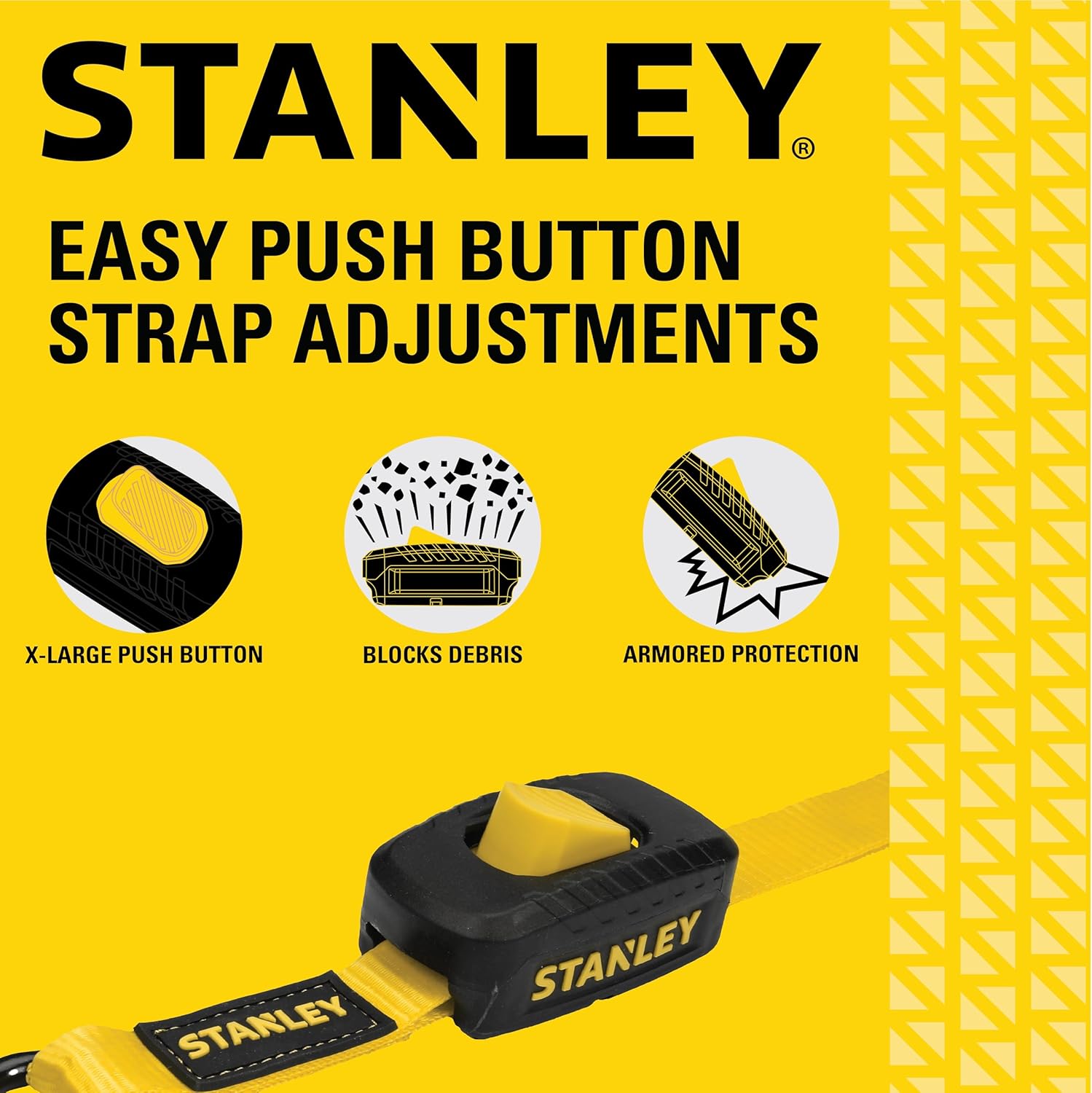 STANLEY S2002 Black/Yellow 1" x 10' Enclosed Cam-Buckle Tie Down Straps - 400 lb Safe Working Load / 1,200 lb Break Strength, 4 Pack - Image 3